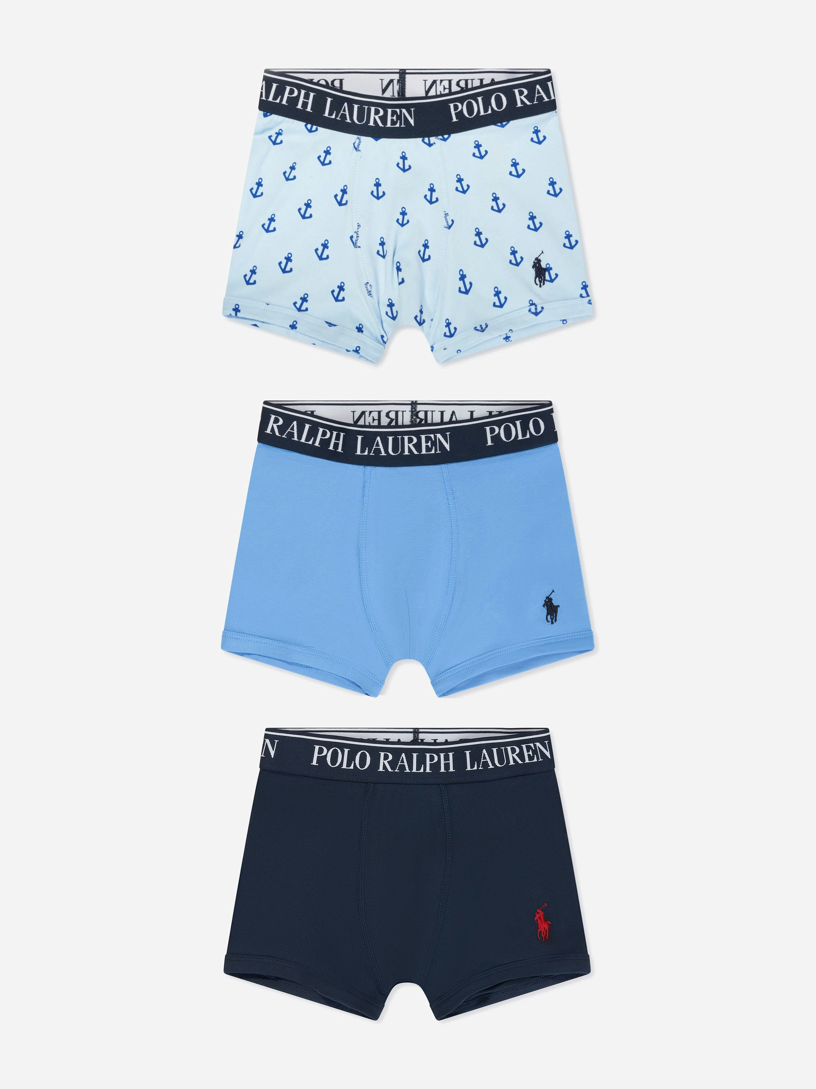 Ralph Lauren Kids Boys Blue Cotton Stretch 3 Pack Boxer Shorts Set In - Us Xl - Uk 16 Yrs