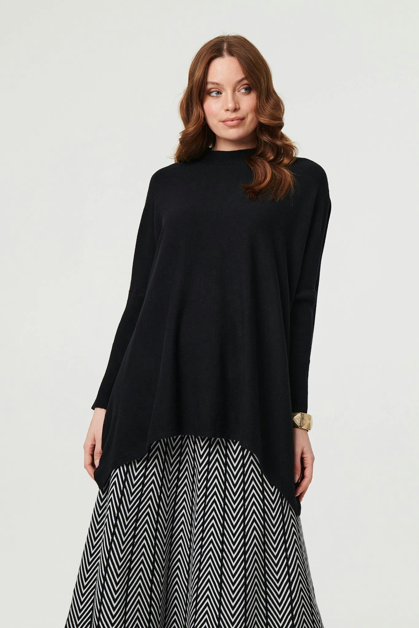 Izabel London Black High Neck Batwing Sleeve Relaxed Jumper - S/M
