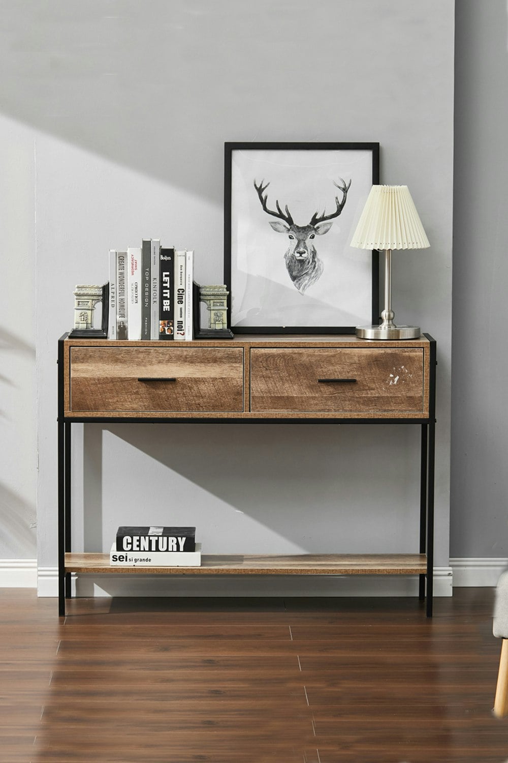 Rackhams Brown Rustic Metal Frame Console Table With 2 Drawer And Shelf
