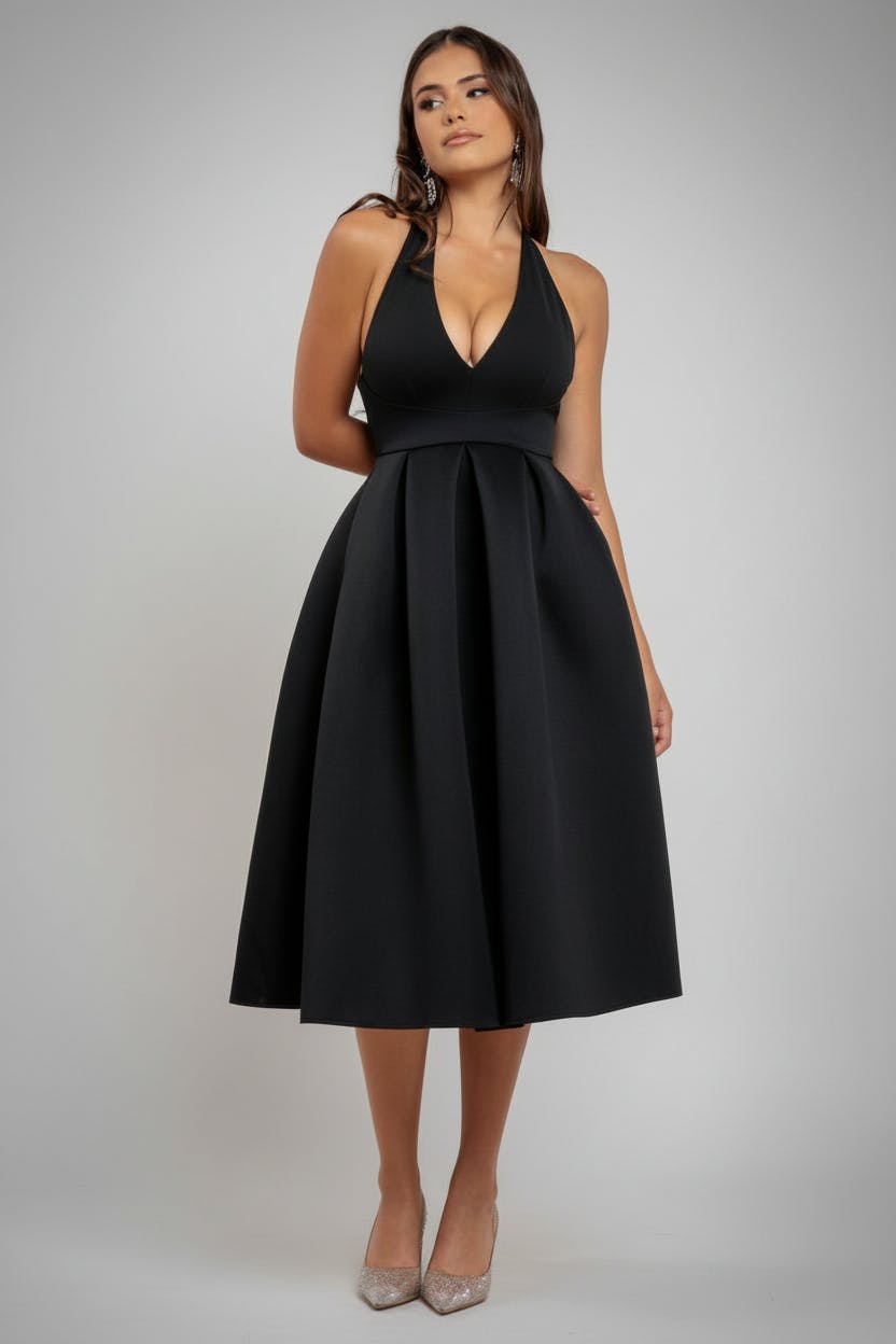 Goddiva Black Halter Neck Pleated A-Line Midaxi Dress - By - 10