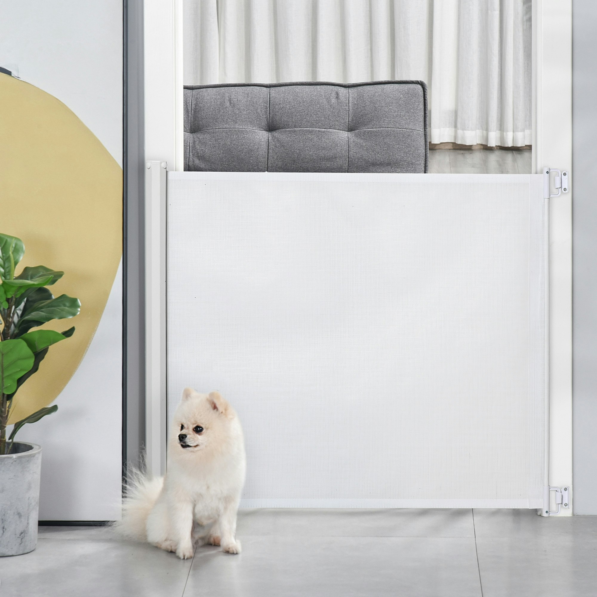 Pawhut White Retractable Pet Safety Gate, Folding Stair Barrier, Guard Door