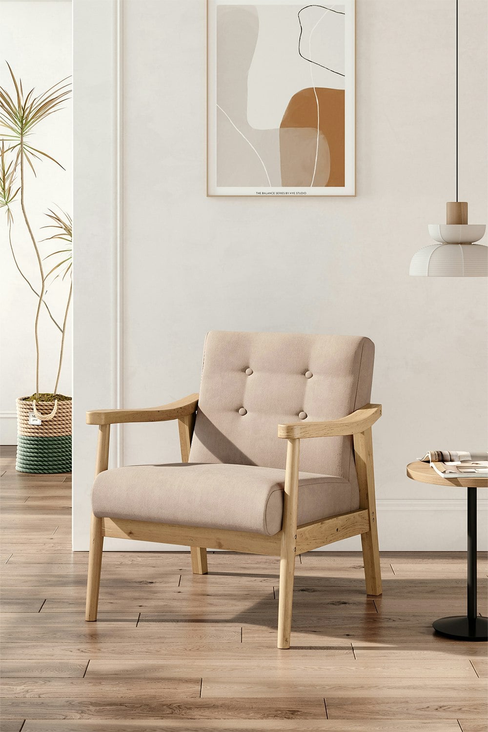 Rackhams Beige Modern Wood Frame Upholstered Armchair