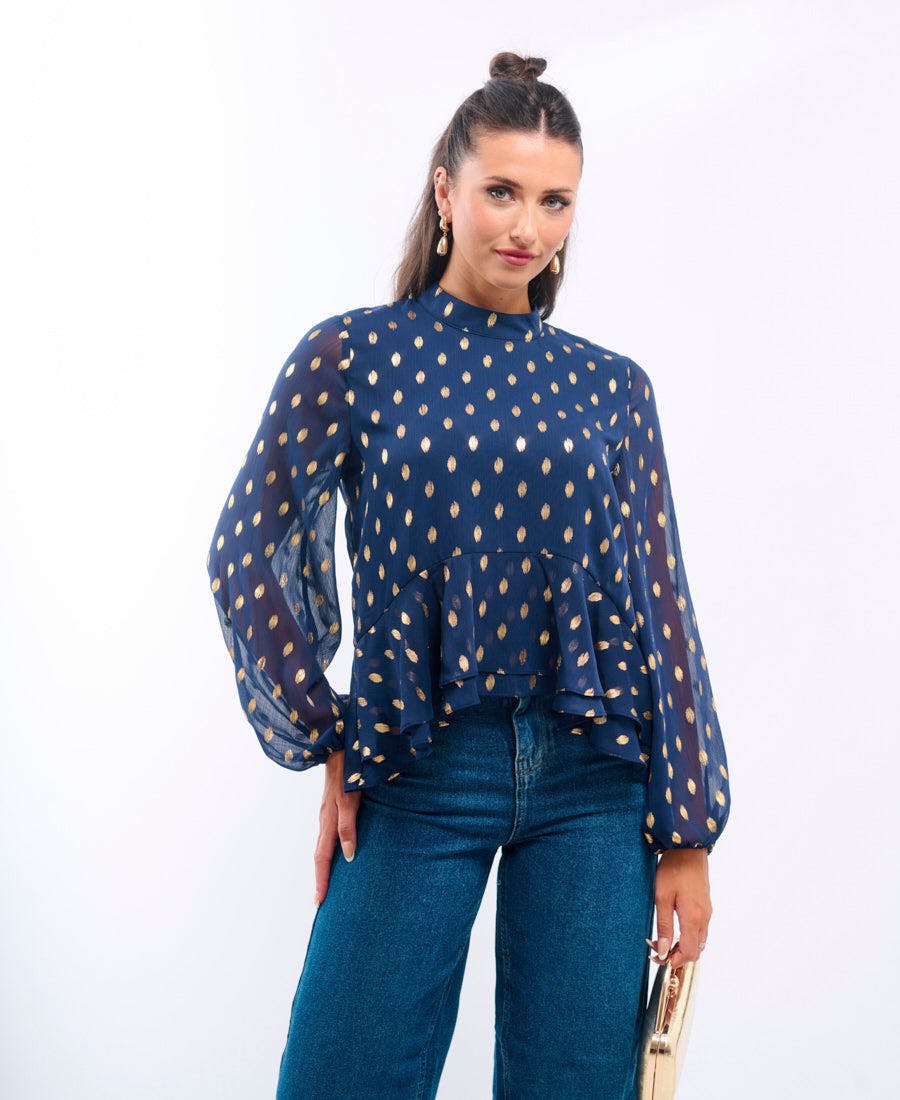 Needs No Label Gold/Light Navy Foil Ruffle Blouse - 16