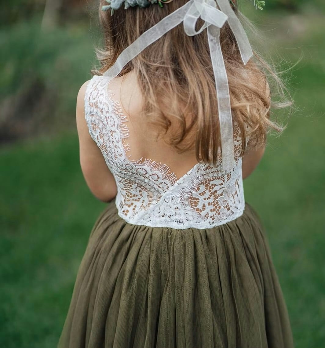Uk Flower Girl Boutique Girls Green Uk Flower Boutique Bohemian Classic Sleeveless Dress - Olive - 5/6 Years