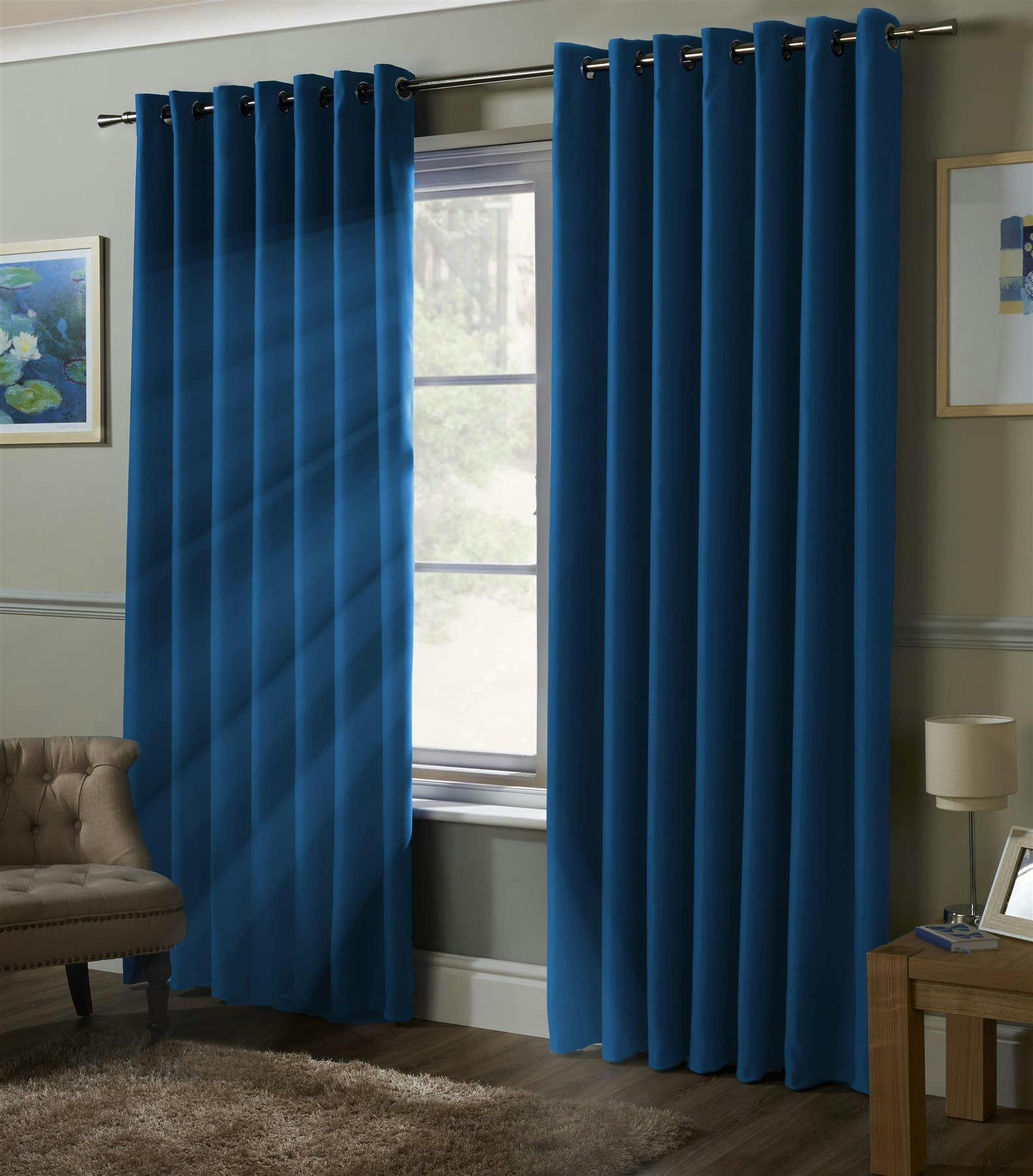 Rackhams Blue Plain Blackout Ring Top Curtains - 117Cm Width X 183Cm Drop