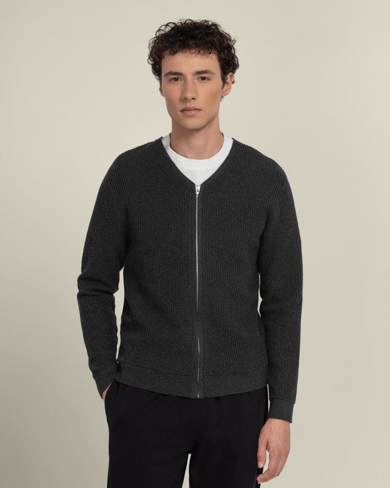 Larsson & Co Lihme - Ribbed V-Neck Cardigan - M - Charcoal