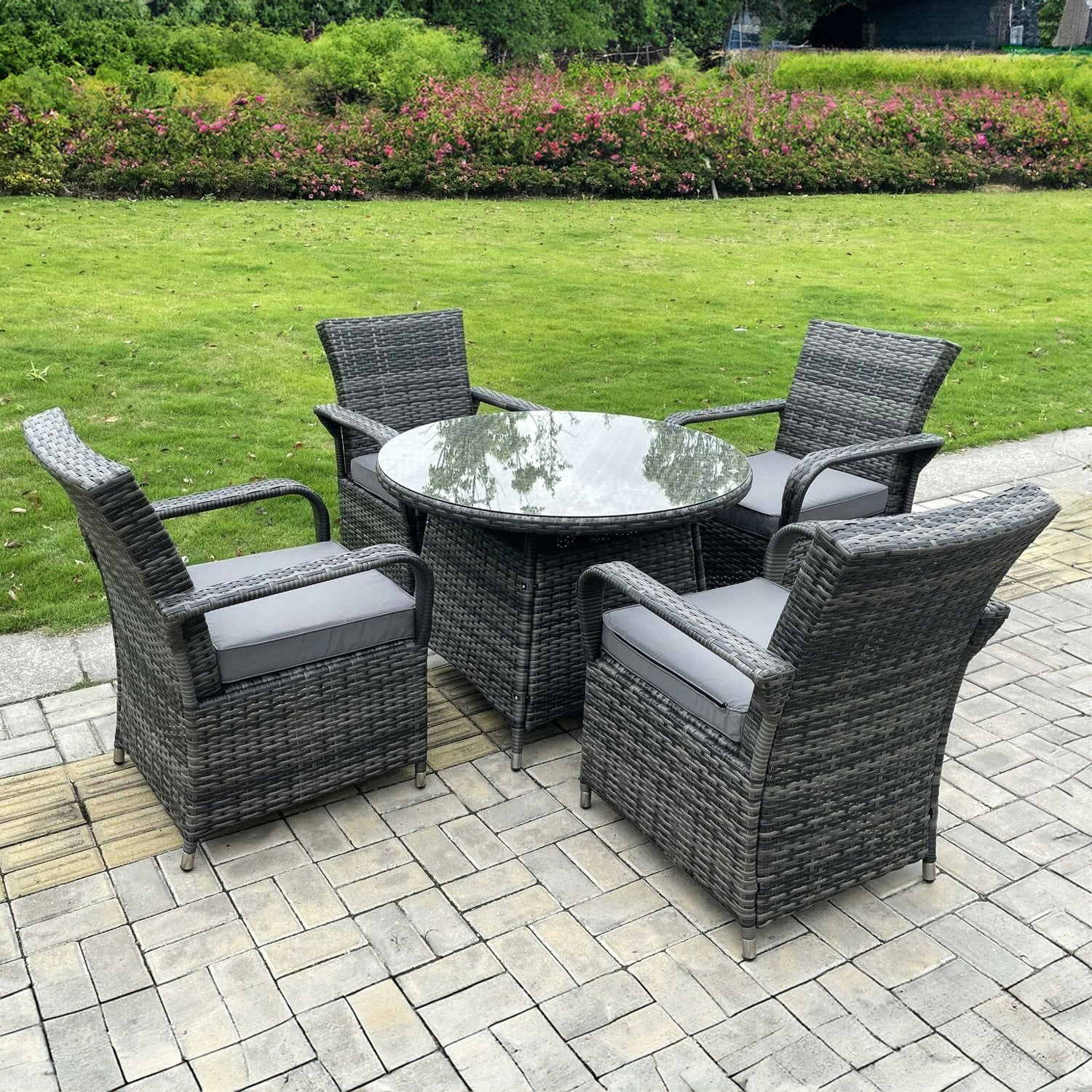 Fimous 4 Seater Rattan Garden Furniture Dining Set With Round Clear Glass Table & 4 Wicker Chairs