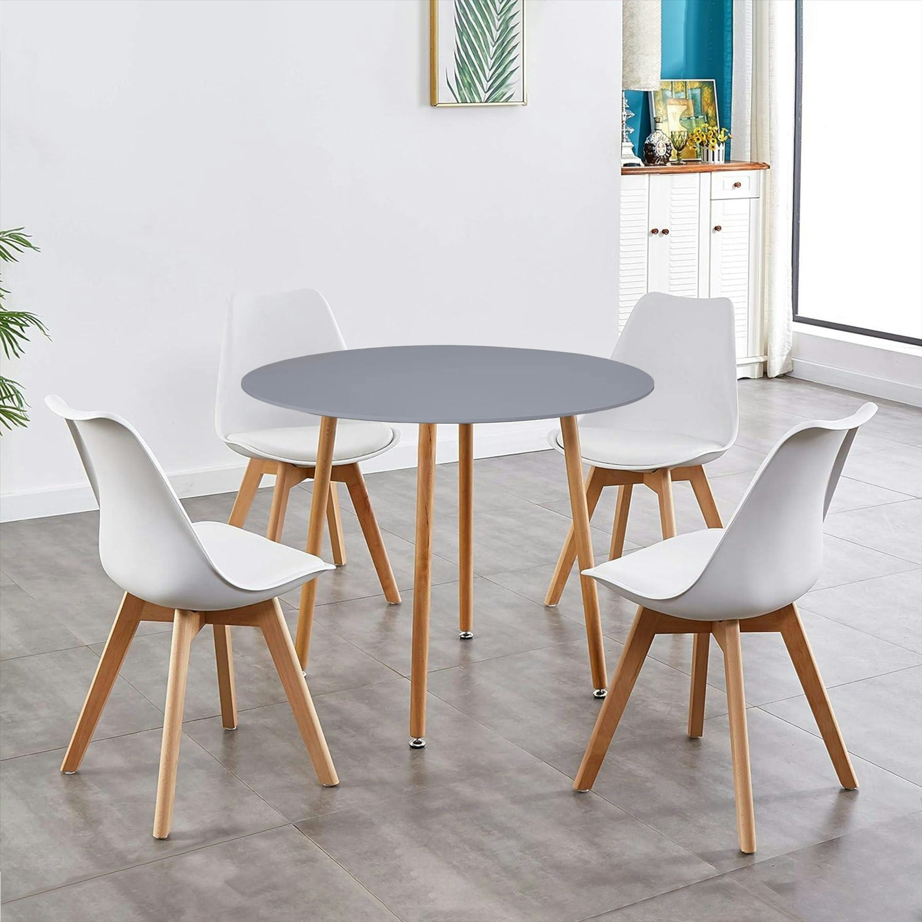 Kosy Koala Round Dining Table & 4 Chairs - Grey Wood Table, White Leather Chairs - MDF & Plastic - 90cm Table - Image 5