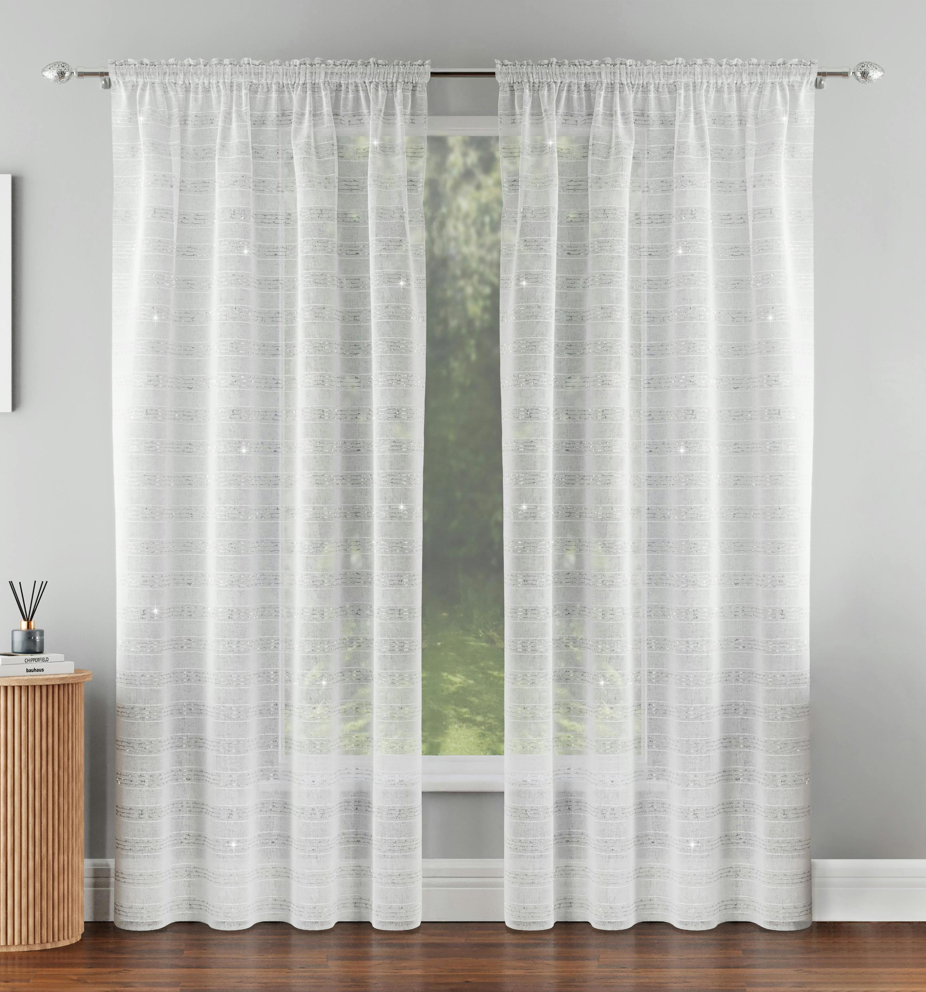 Tyrone Textiles Silver Metallic Lurex Stripe Voile Panels Pair With Rod Pocket Header - 55" (140Cm) Width X 90" (229Cm) Drop