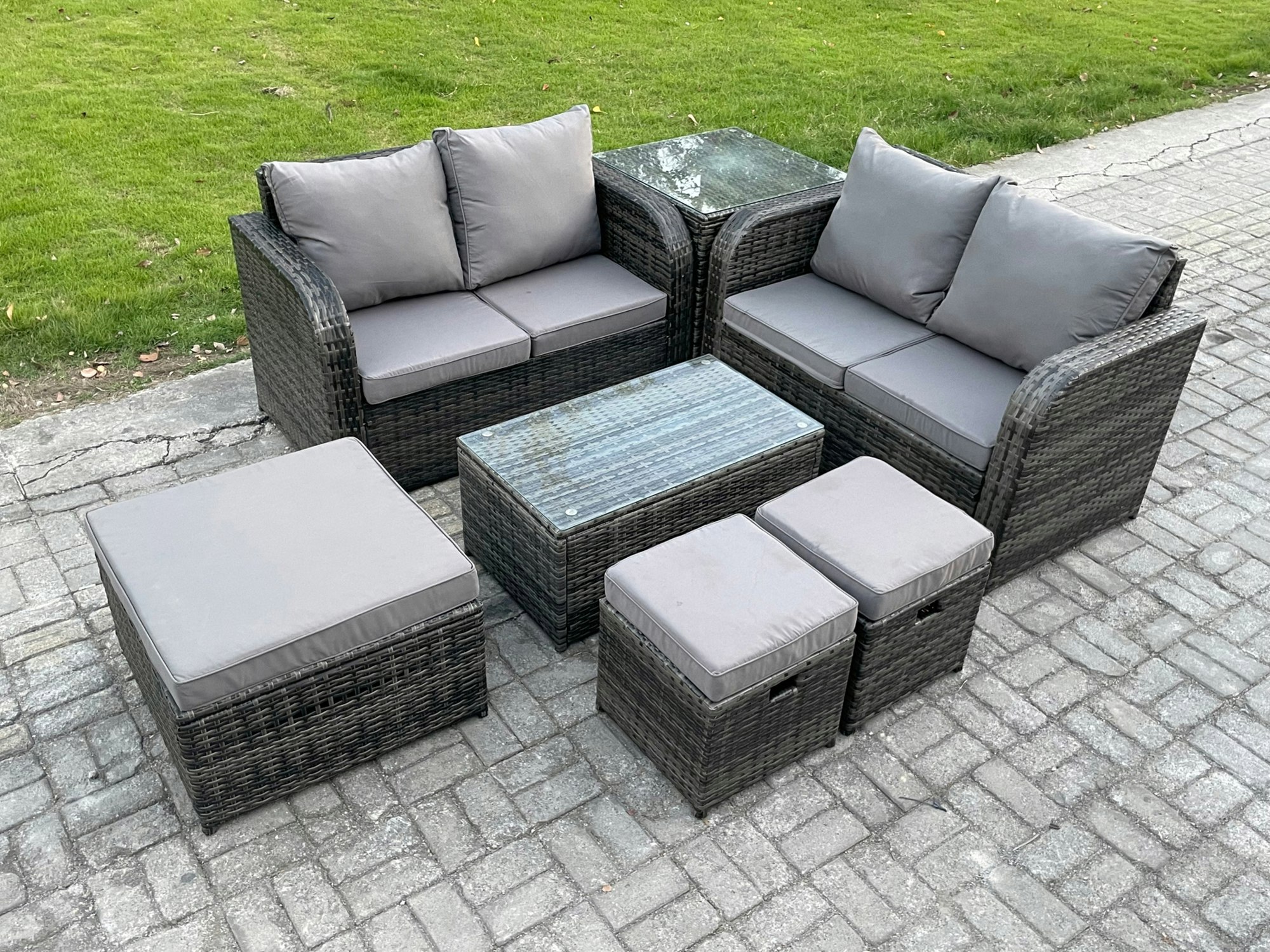 Rackhams Dark/Grey 7 Seater Garden Furniture Set Rattan Outdoor Lounge Sofa Chair With Tempered Glass Table 3 Footstools Side Table Mixed