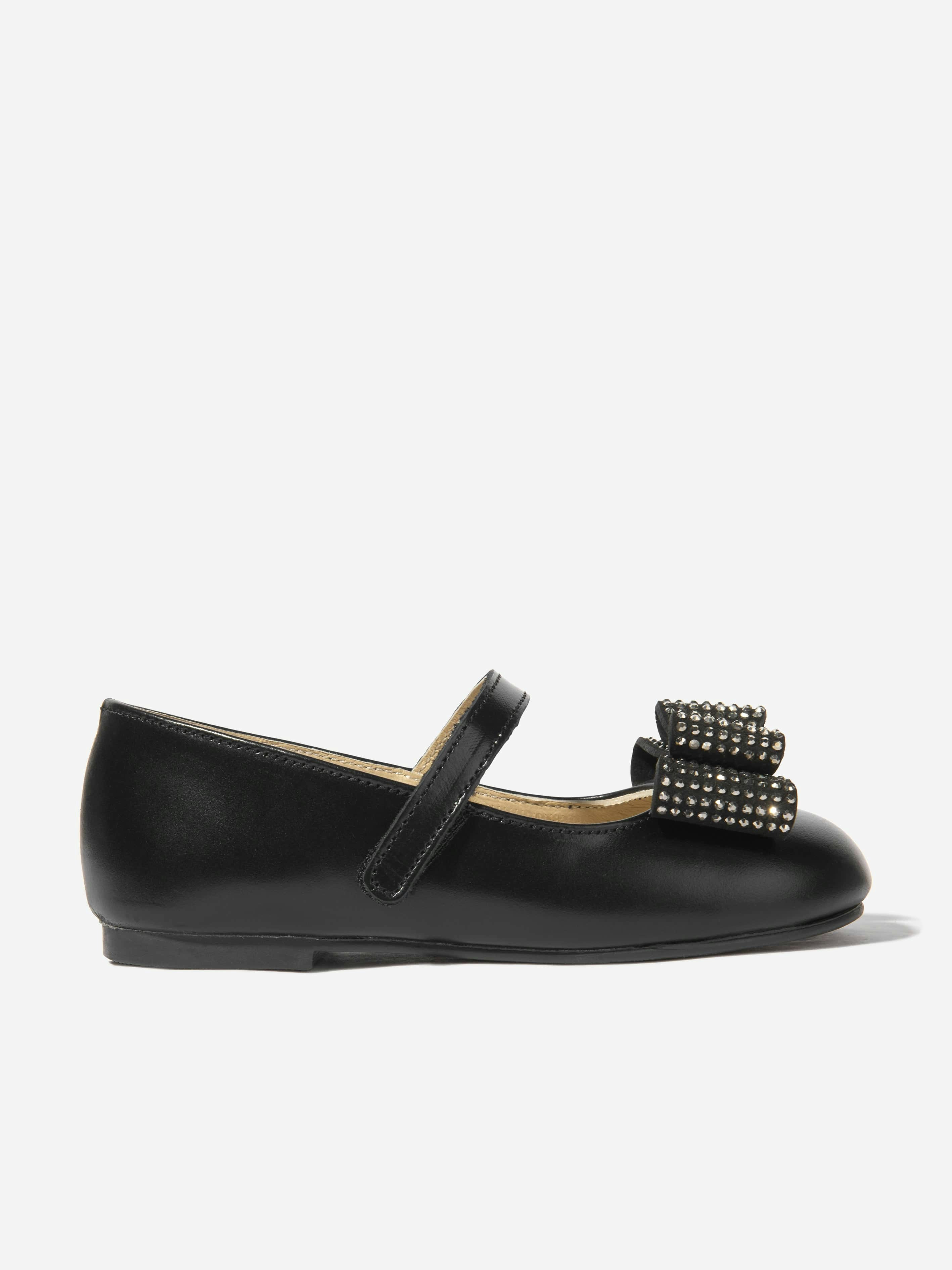 Babywalker Girls Black Leather Diamond Bow Ballerinas In - Eu 21 Uk 4.5