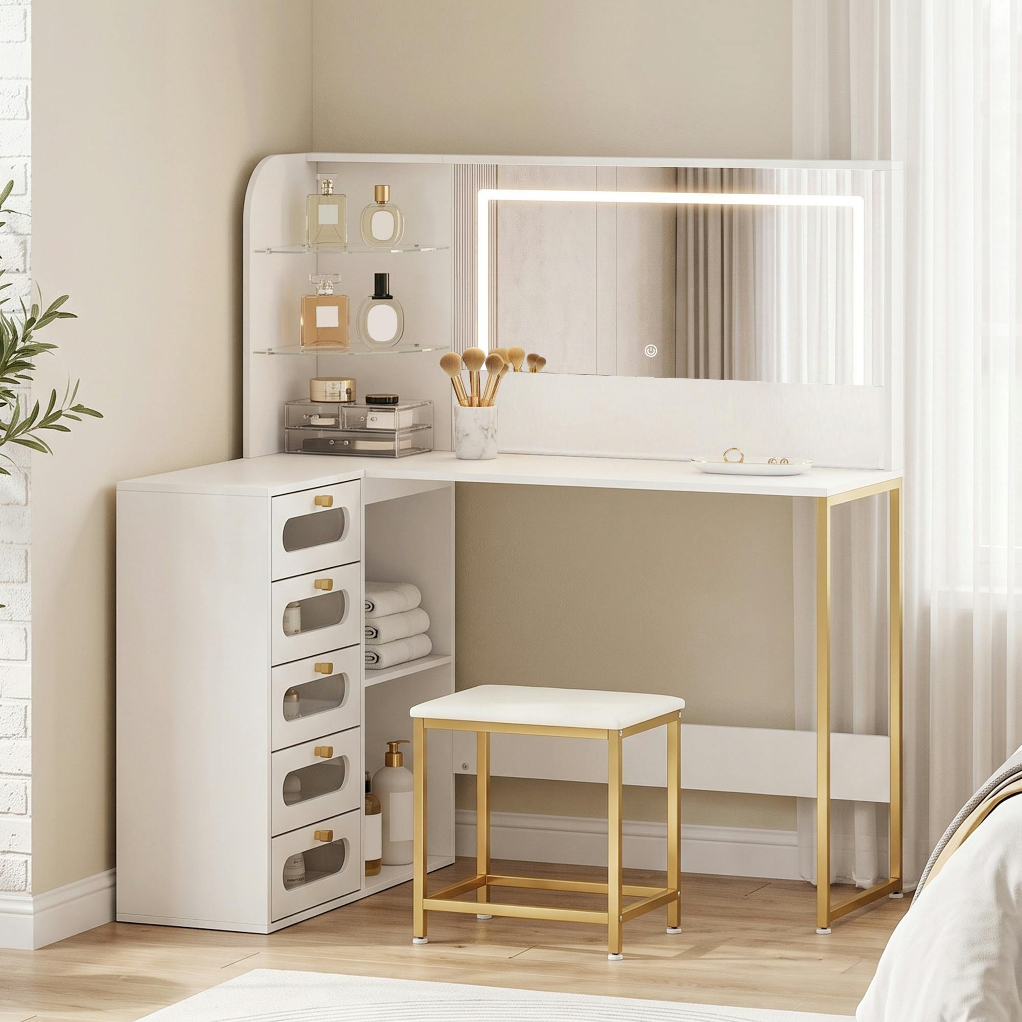 Rackhams White Dressing Table With Led Mirror And Stool, Drawers, Vanity Desk, - 120