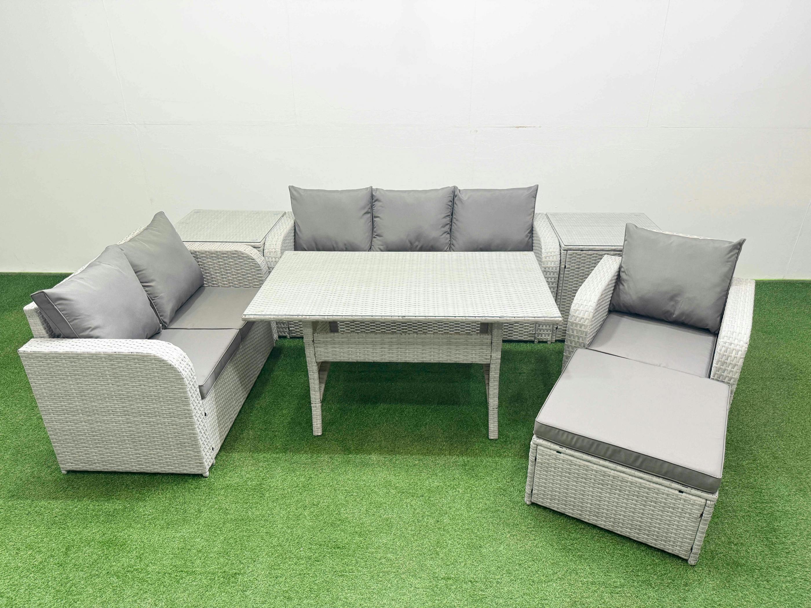 Rackhams Light/Grey 7 Seater Pe Wicker Rattan Garden Furniture Patio Set, Dining Table, Reclining Chair, Loveseat, 3 Seater Sofa, Big Footstool,