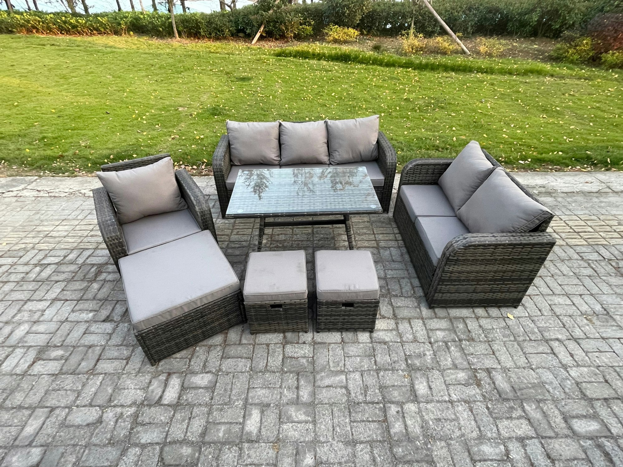 Rackhams Dark/Grey 9 Seater Outdoor Rattan Garden Furniture Set Patio Lounge Sofa Set With Dining Table 3 Footstools Mixed