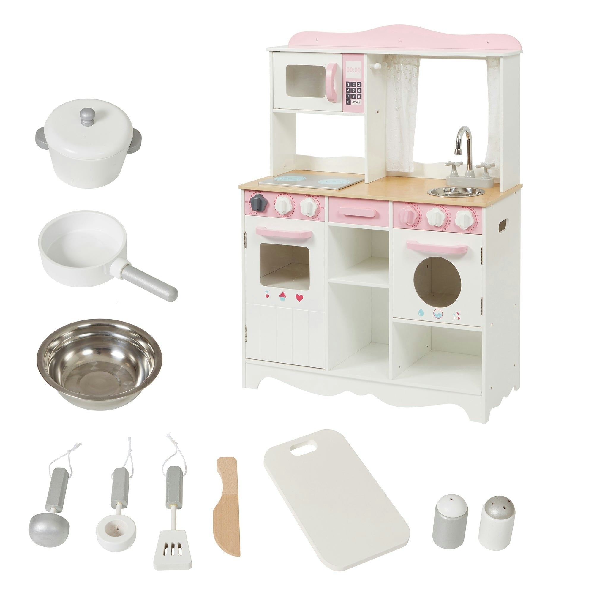 Liberty House Toys White/Pink Country Play Kitchen With 9 Wooden Accessories