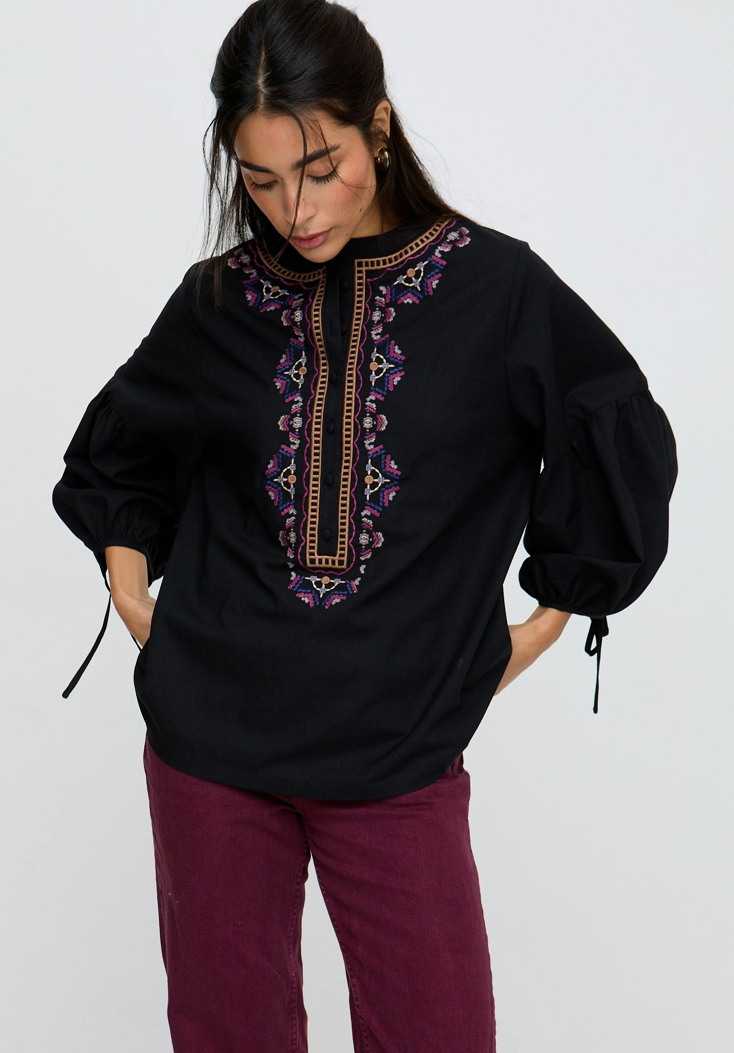 Raffya Black Anai Half Placket Embroidered Blouse In - 10