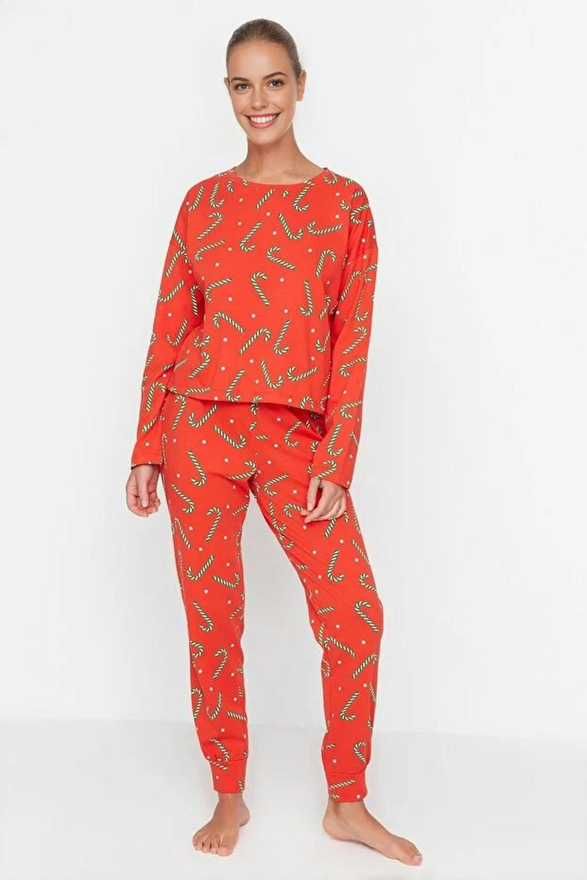Wovcor Red 2-Piece 100% Cotton Christmas Themed Knit Pajama Set - Xl