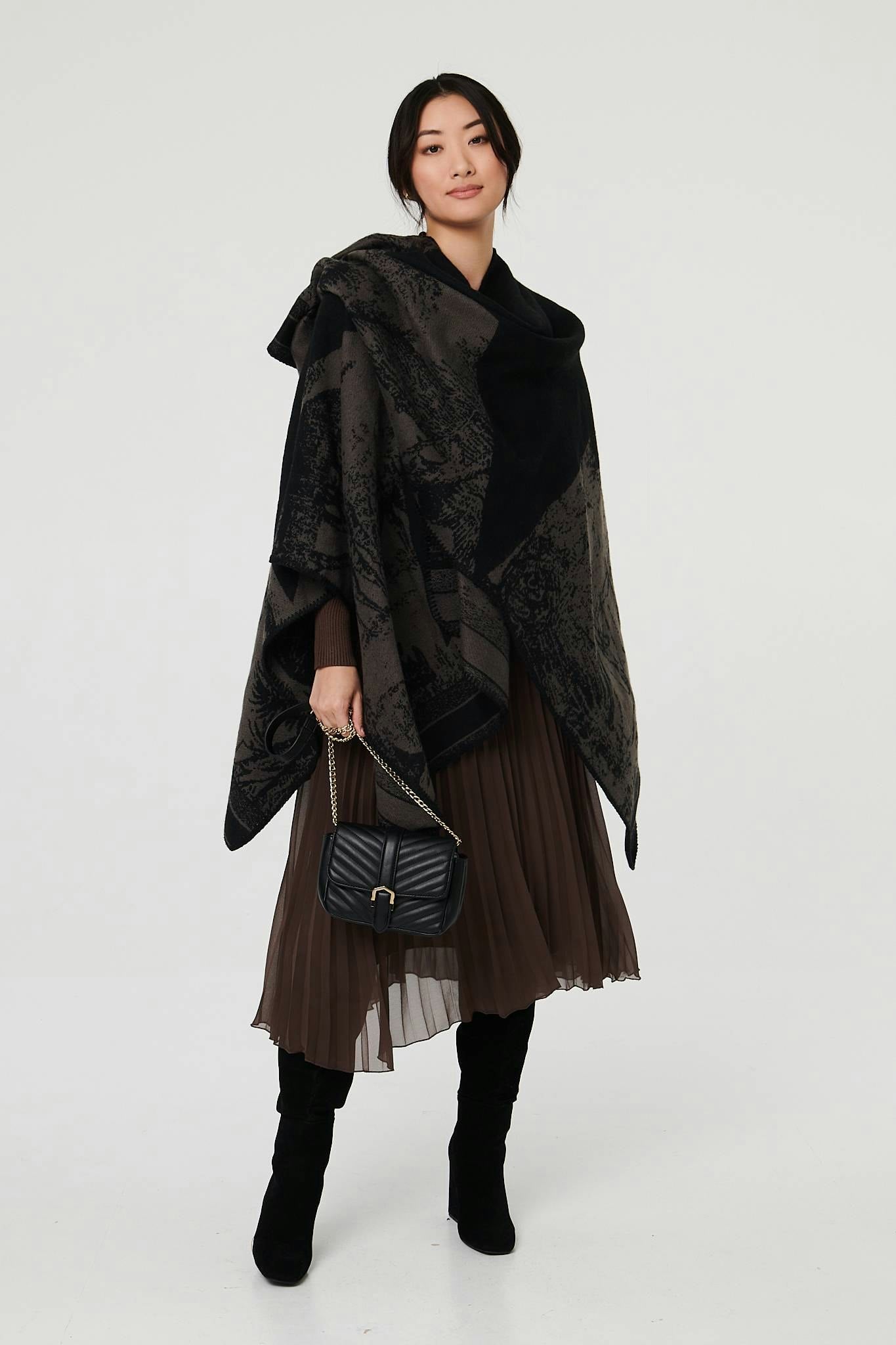 Izabel London Grey Border Print Oversized Poncho - One