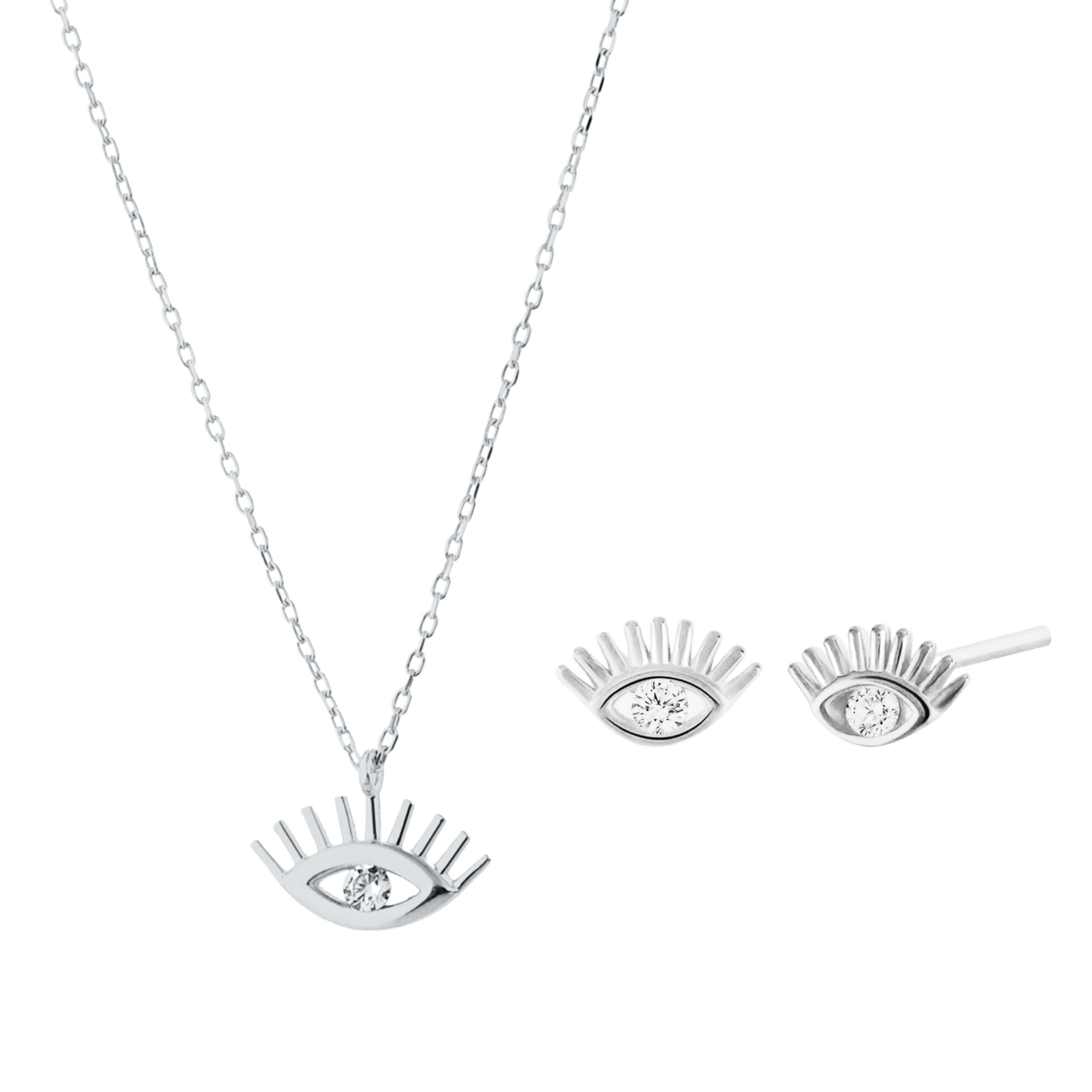 Spero London White/Silver Eye Evil Eye Sterling Necklace And Studs Set