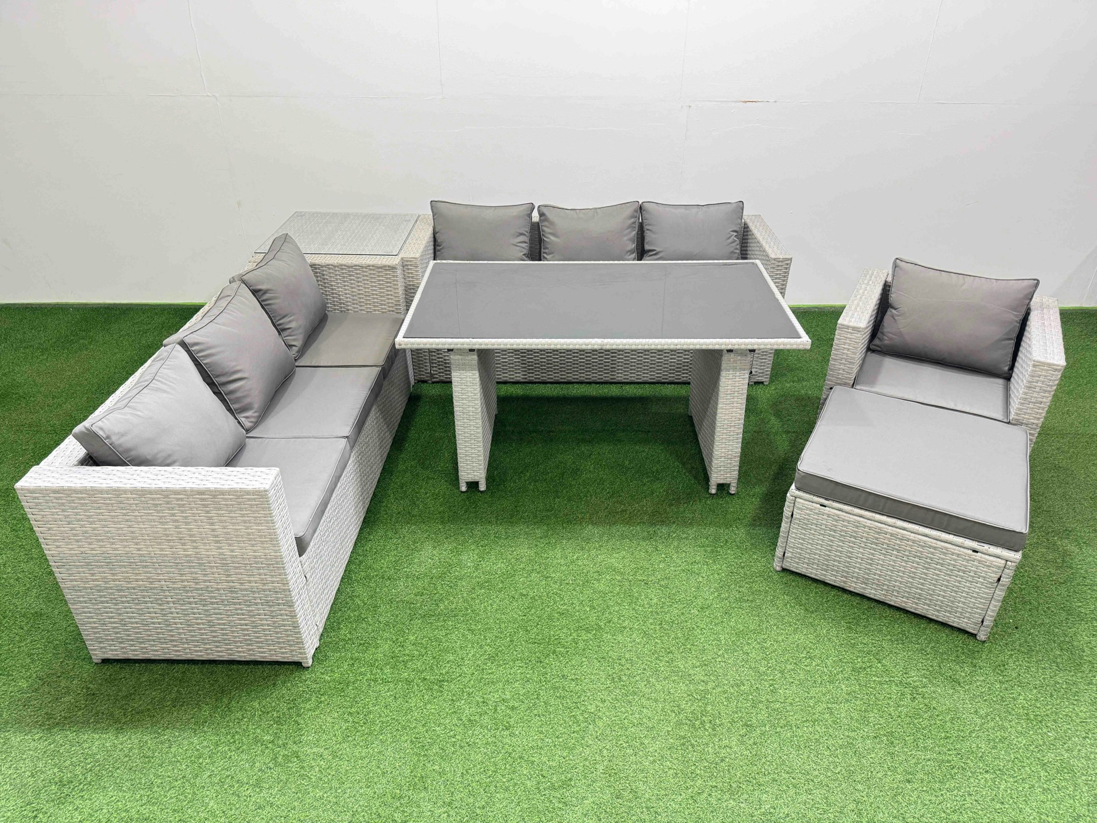 Rackhams Black/Light/Grey Patio Garden Furniture Sets With Glass Top Dining Table 3 Seater Sofa Armchair Side Table Big Stool