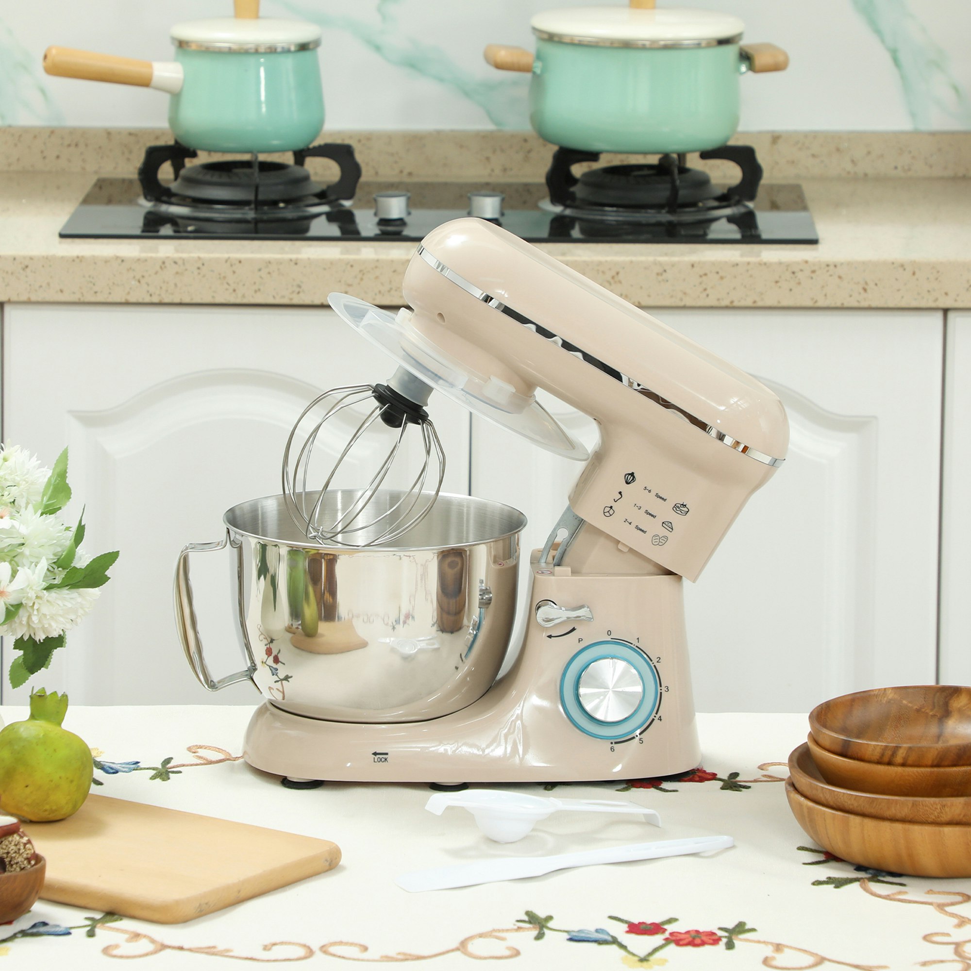 Homcom Beige Electric Stand Mixer, 4.5L Food Mixer With Dough Hook, Whisk,