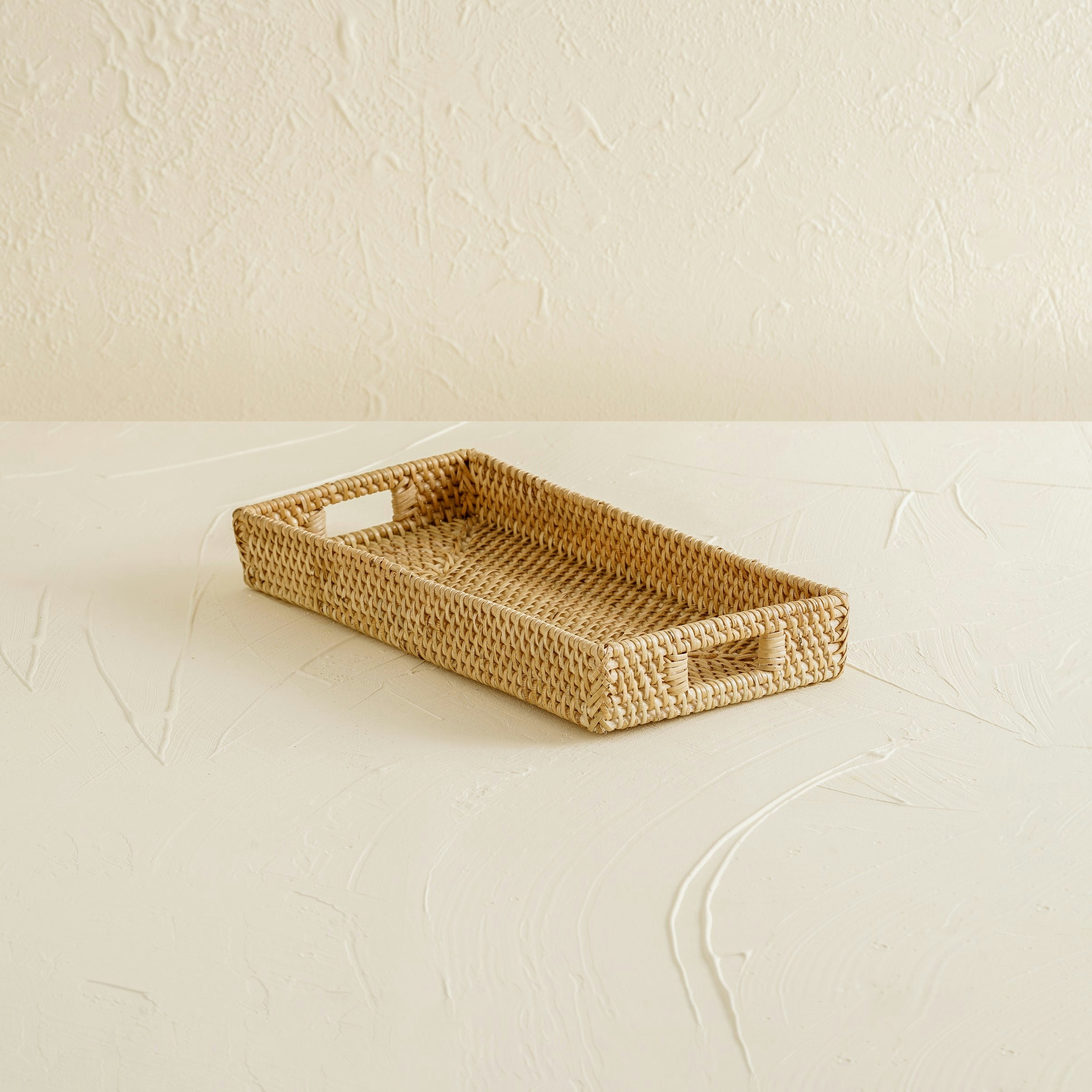 Coastal Villa Homeware White/Brown/Dark Mini Rattan Tray - Small Rectangular Rattan Display Tray - Natural