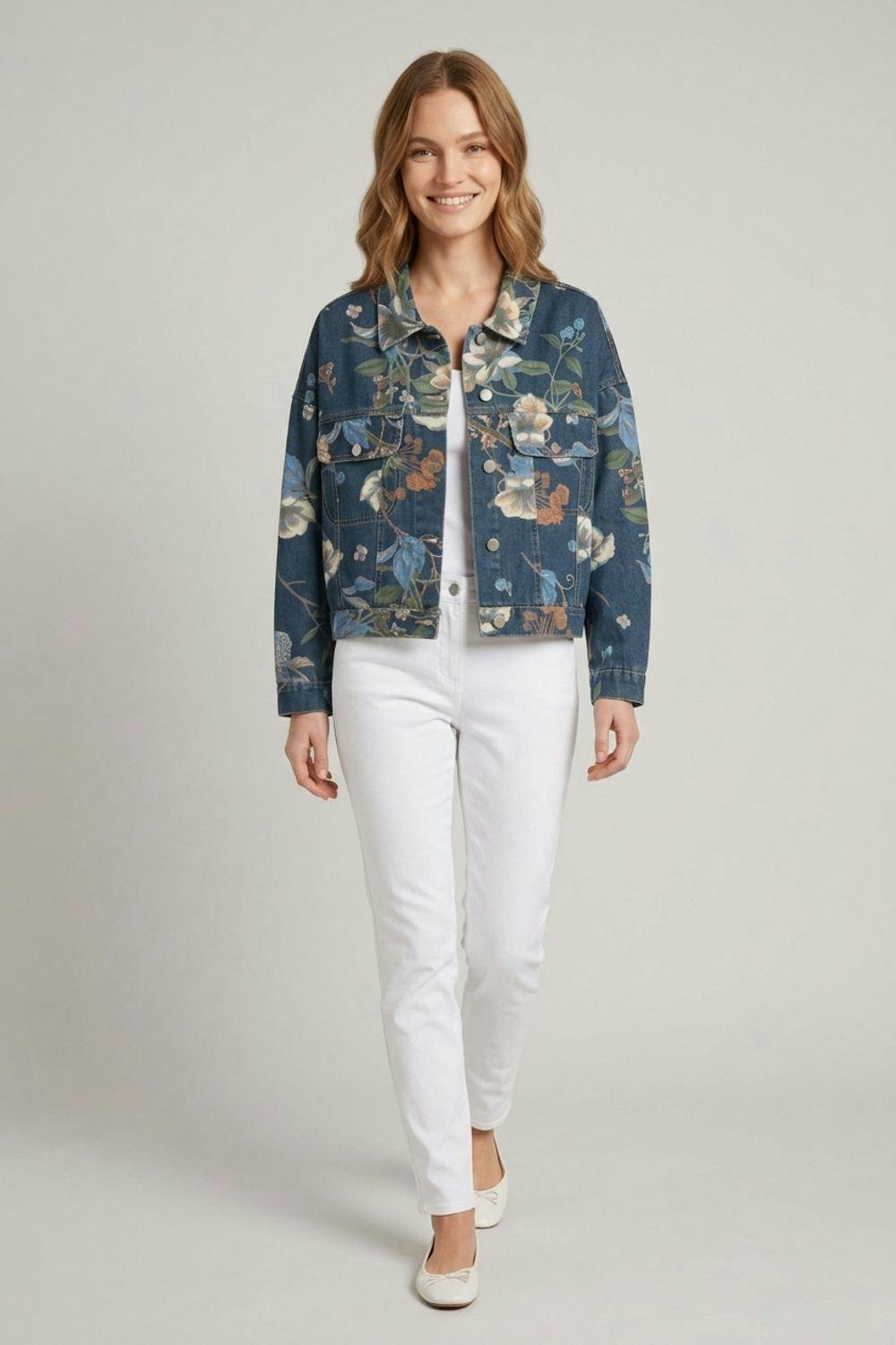 Izabel London Blue Floral Print Drop Shoulder Denim Jacket - S