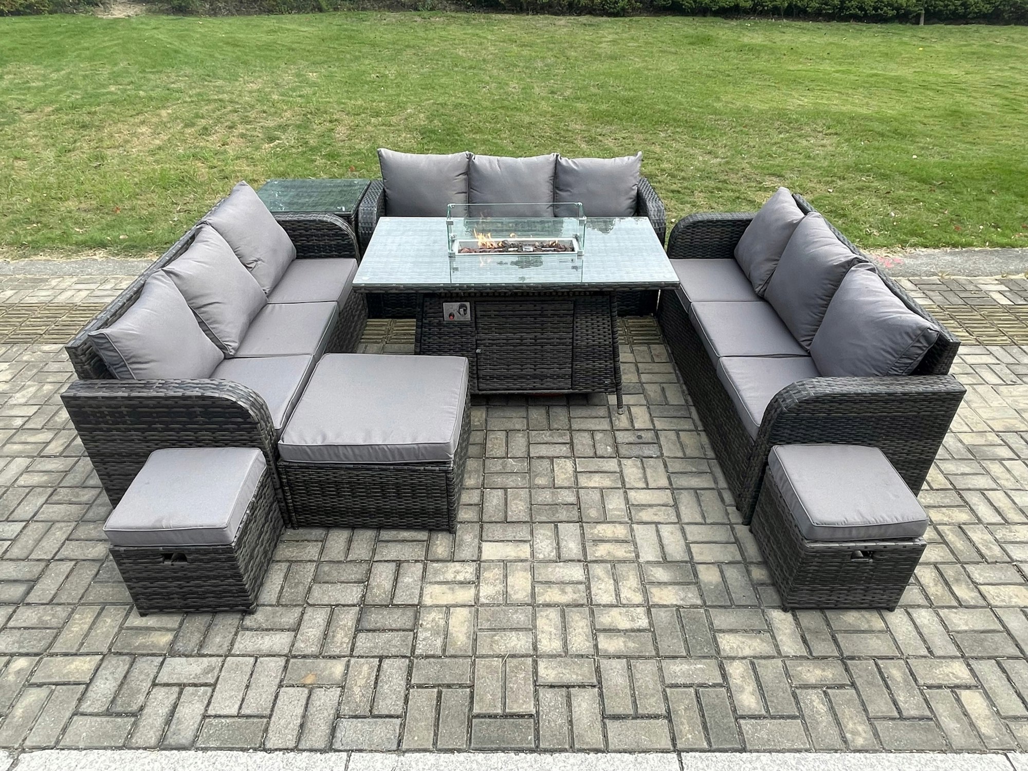 Rackhams Dark/Grey Rattan Outdoor Garden Furniture Set With Gas Fire Pit Table, Side Table, 3 Sofas, 3 Footstools - 12 Seater