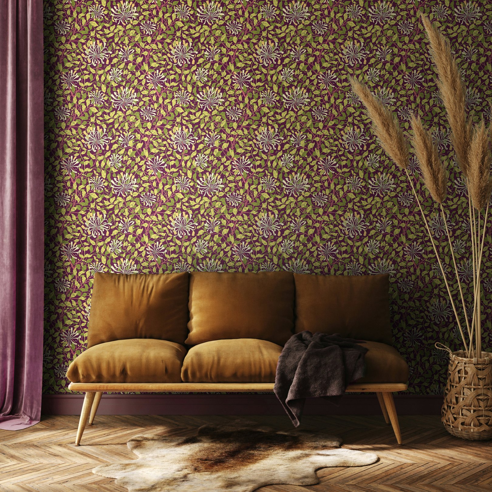 Hoopla Walls Honeysuckle Leaf Trail - Aubergine 10M Wallpaper - Aubergine