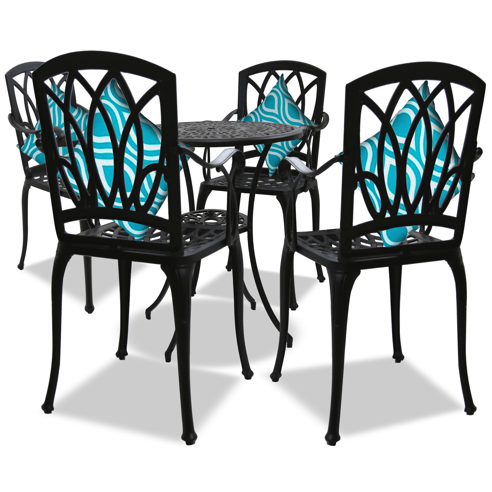 Rackhams Black Positano Luxurious Garden And Patio Table And 4 Large Chairs With Armrests Cast Aluminium Bistro Set