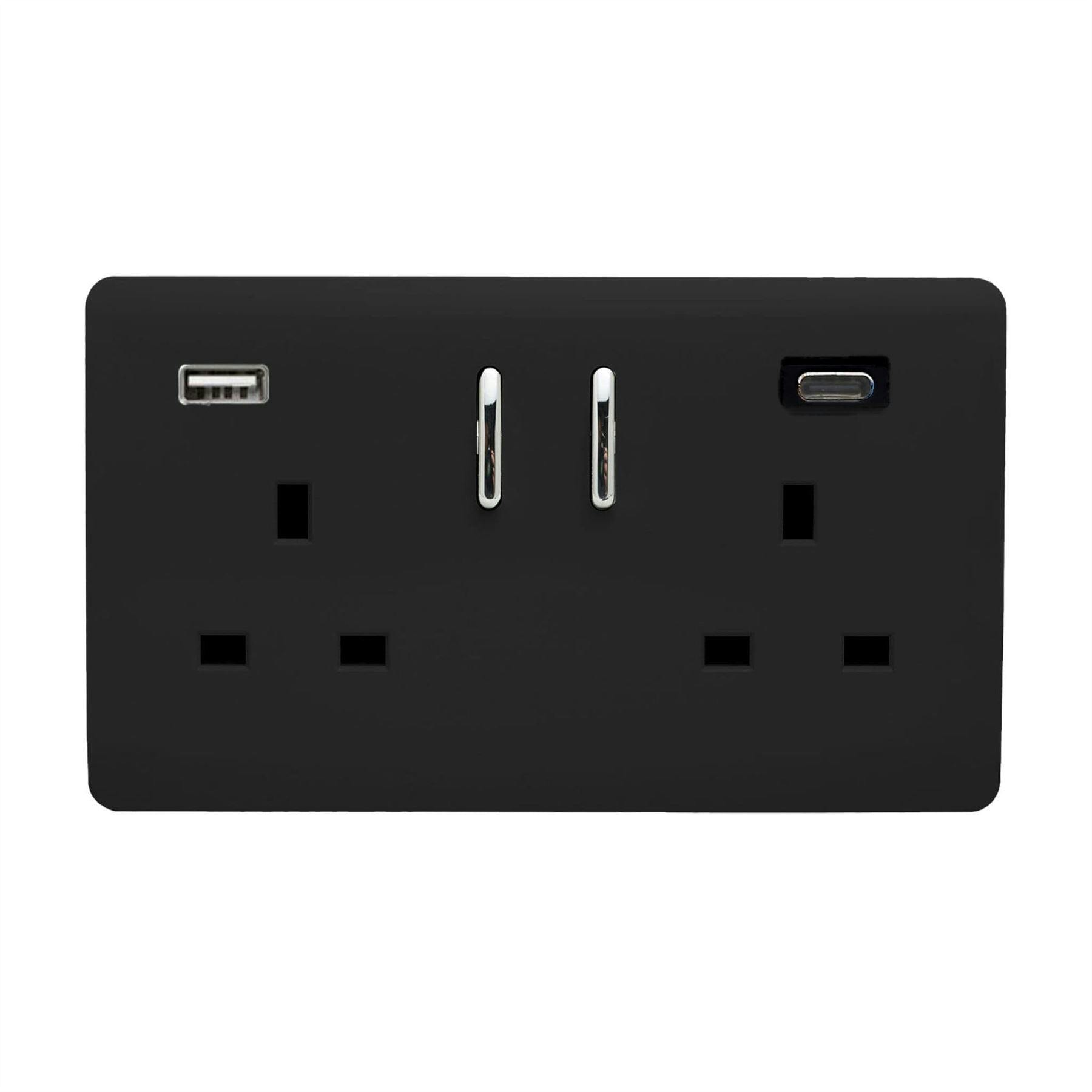 Trendi Switch Black 2 Gang Usb 3100Ma Type A & C Usb Plug Socket In Matt