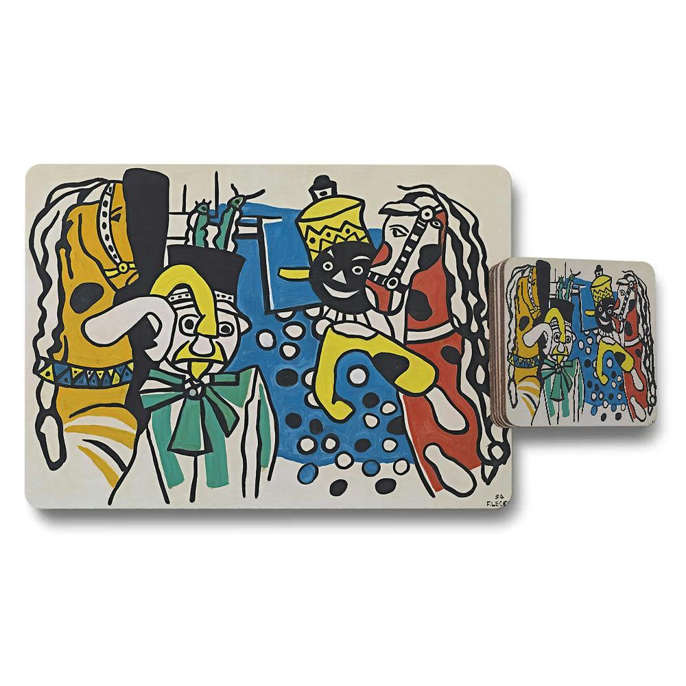 Benjamin Tate Design Black Abstract Art Placemat And Coaster Set With Colorful Modern Design
