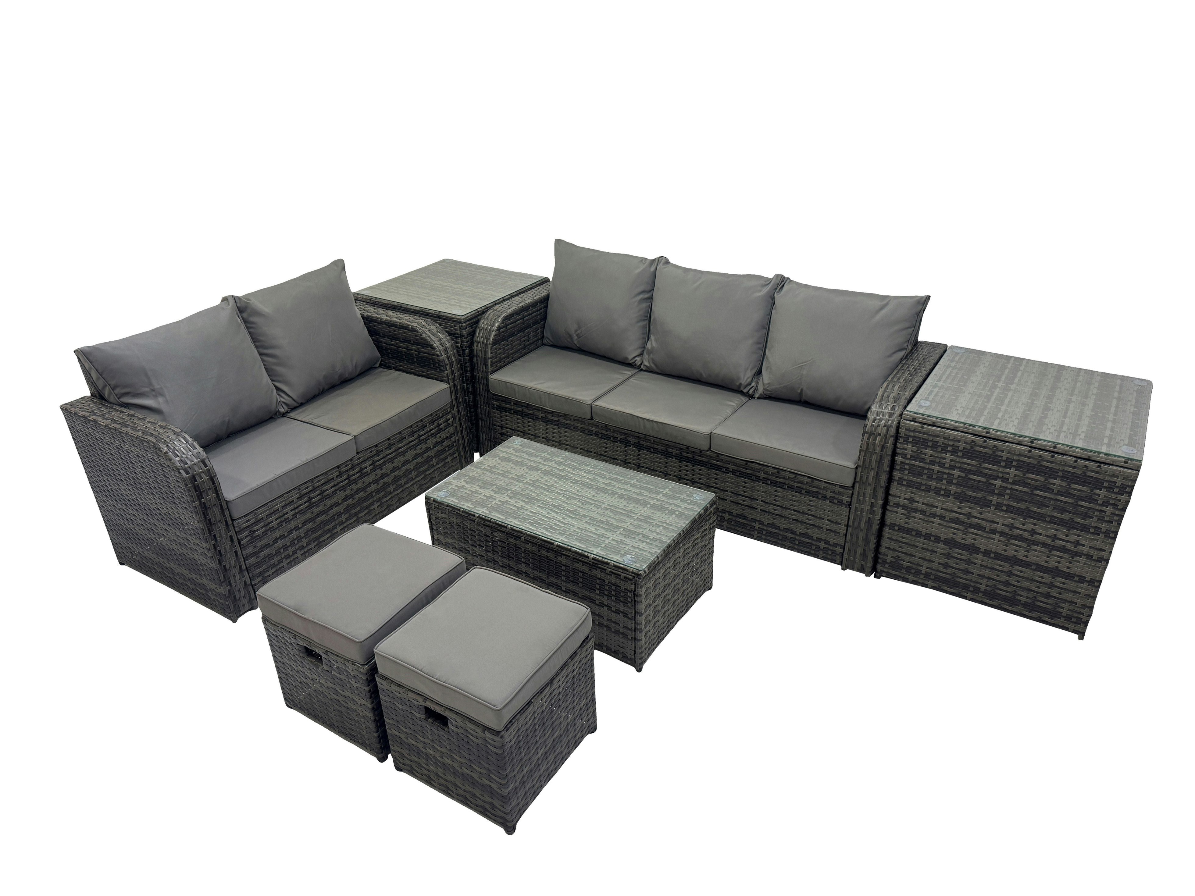 Fimous Dark/Grey Outdoor Love Sofa 3 Seater Sofa Coffee Table Set Garden Rattan Furniture Set 7 Seater With 2 Small Stools 2 Side Tables