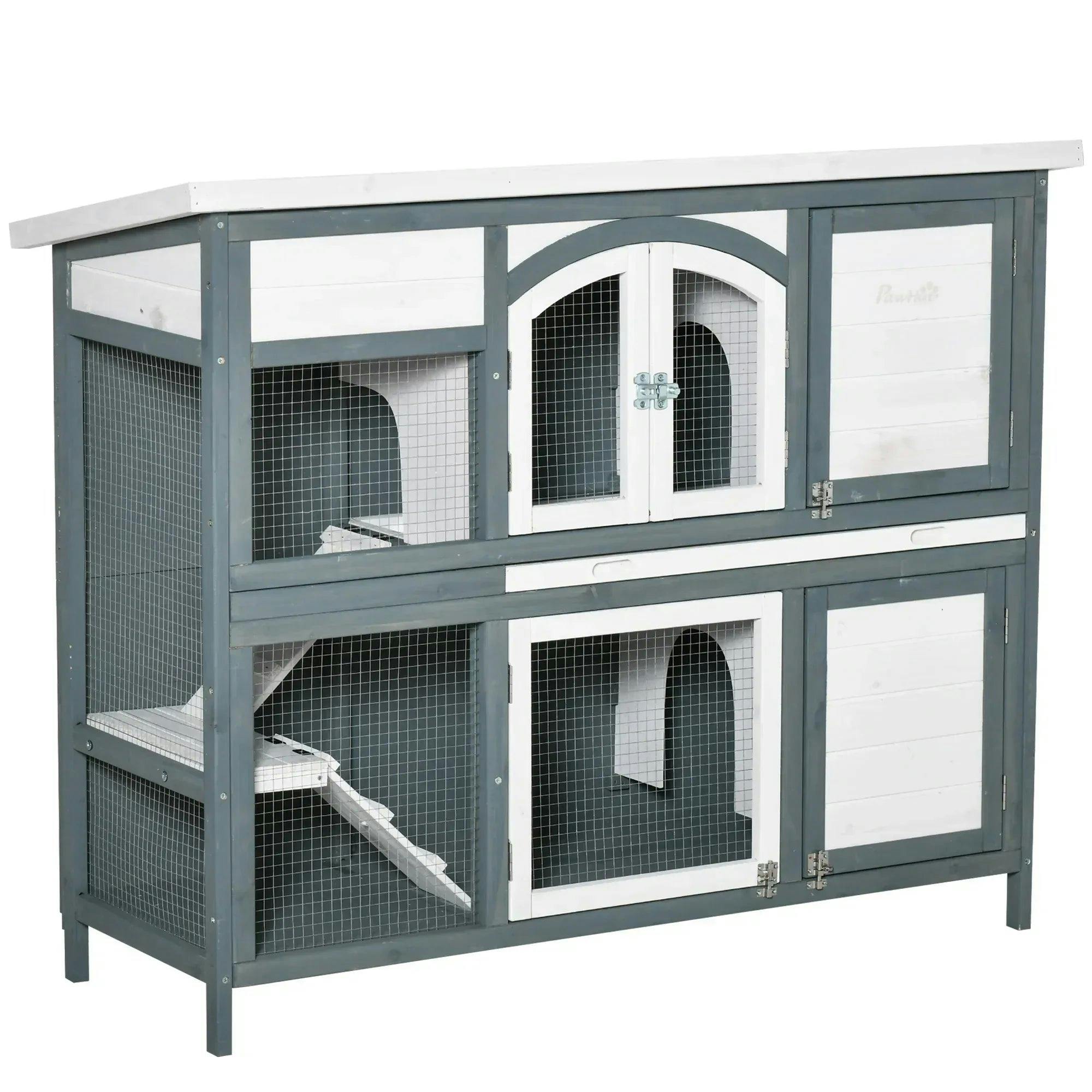 PawHut Two-Tier Wooden Rabbit Hutch - Grey - Outdoor Pet Cage with Ramp & Slide-out Tray - Image 6