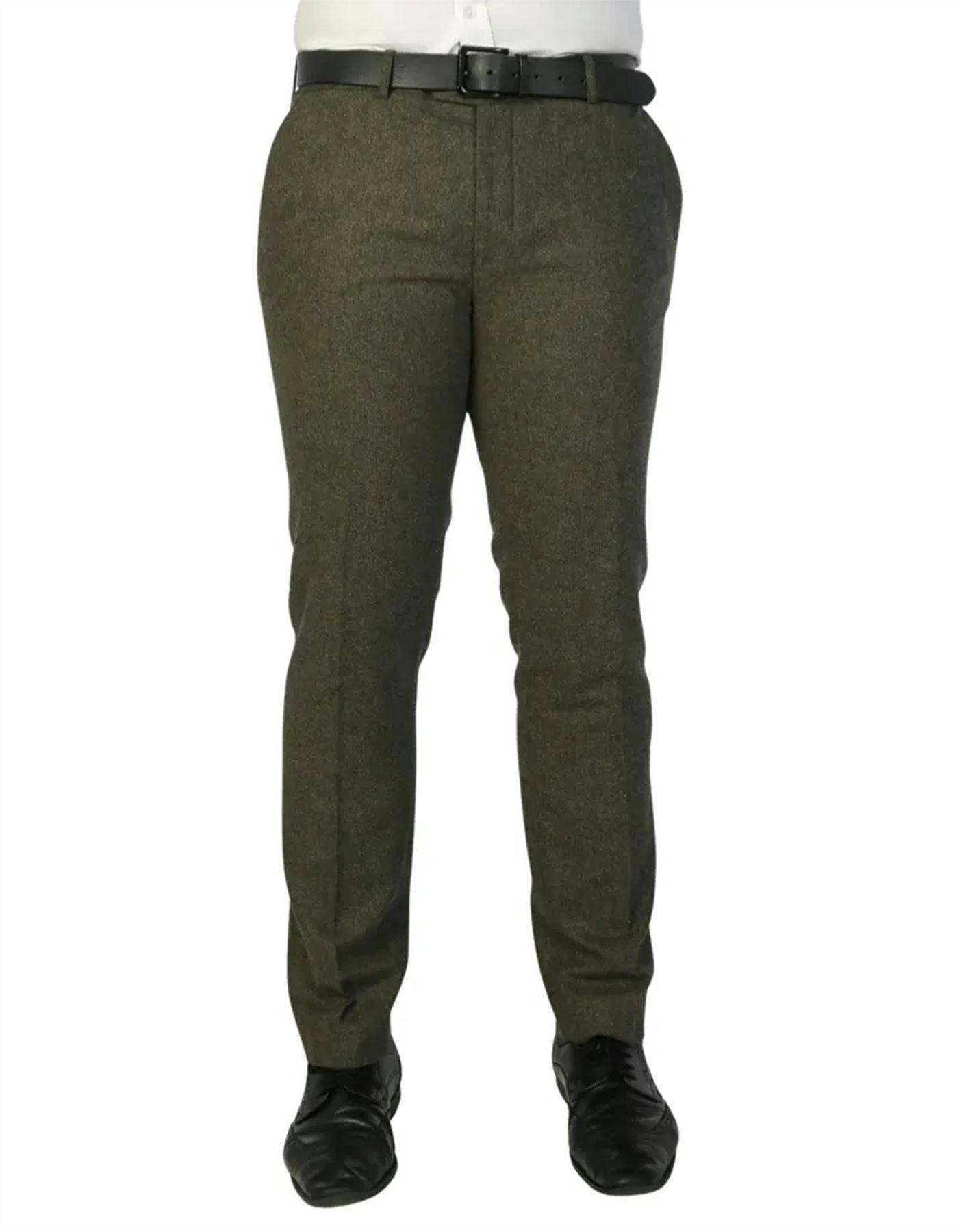 Infinity Leather Men's Green Olive Wool Blend Tweed Formal Trousers - Olive - 46