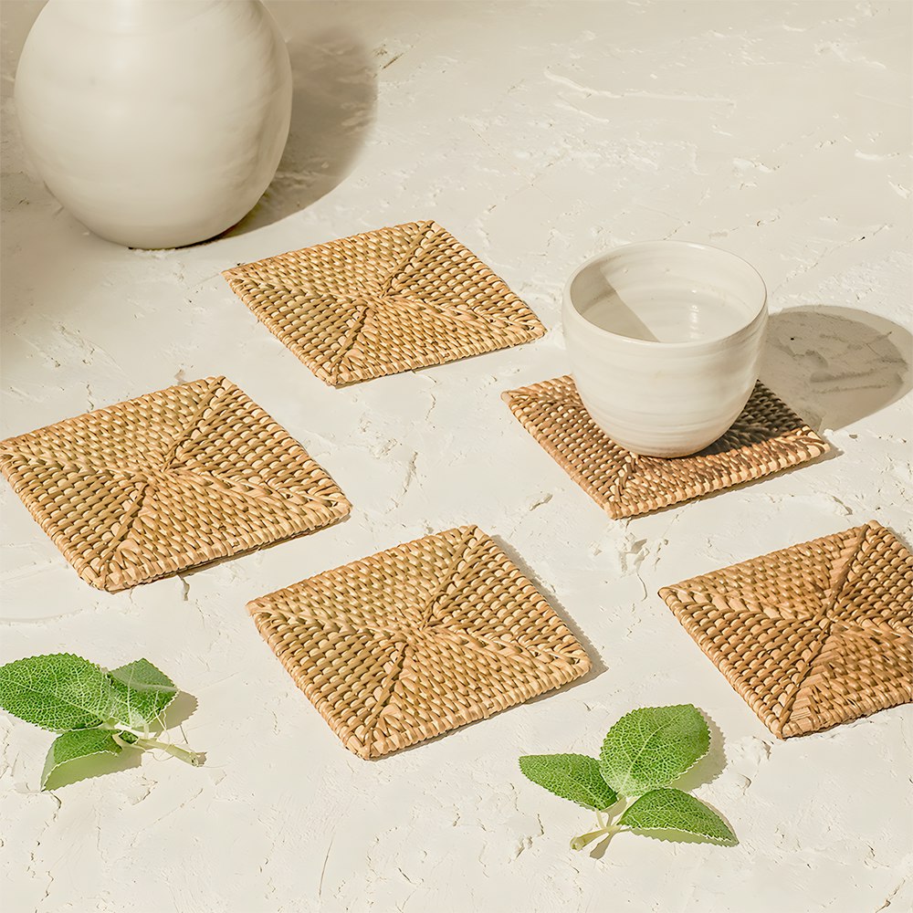 Coastal Villa Homeware Rattan Square Coasters - Natural