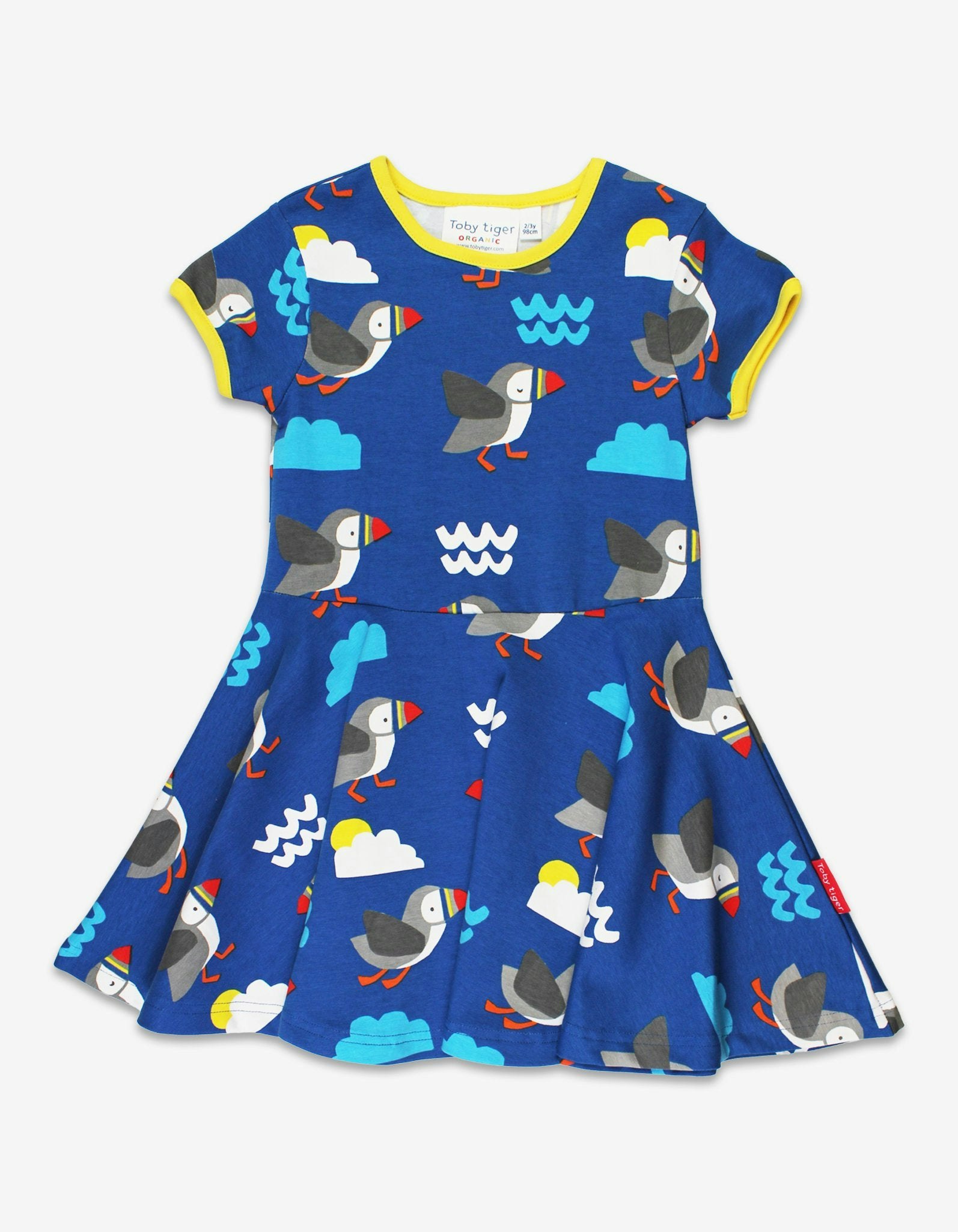 Toby Tiger Yellow Organic Puffin Print Skater Dress - 12-18M / 86Cm