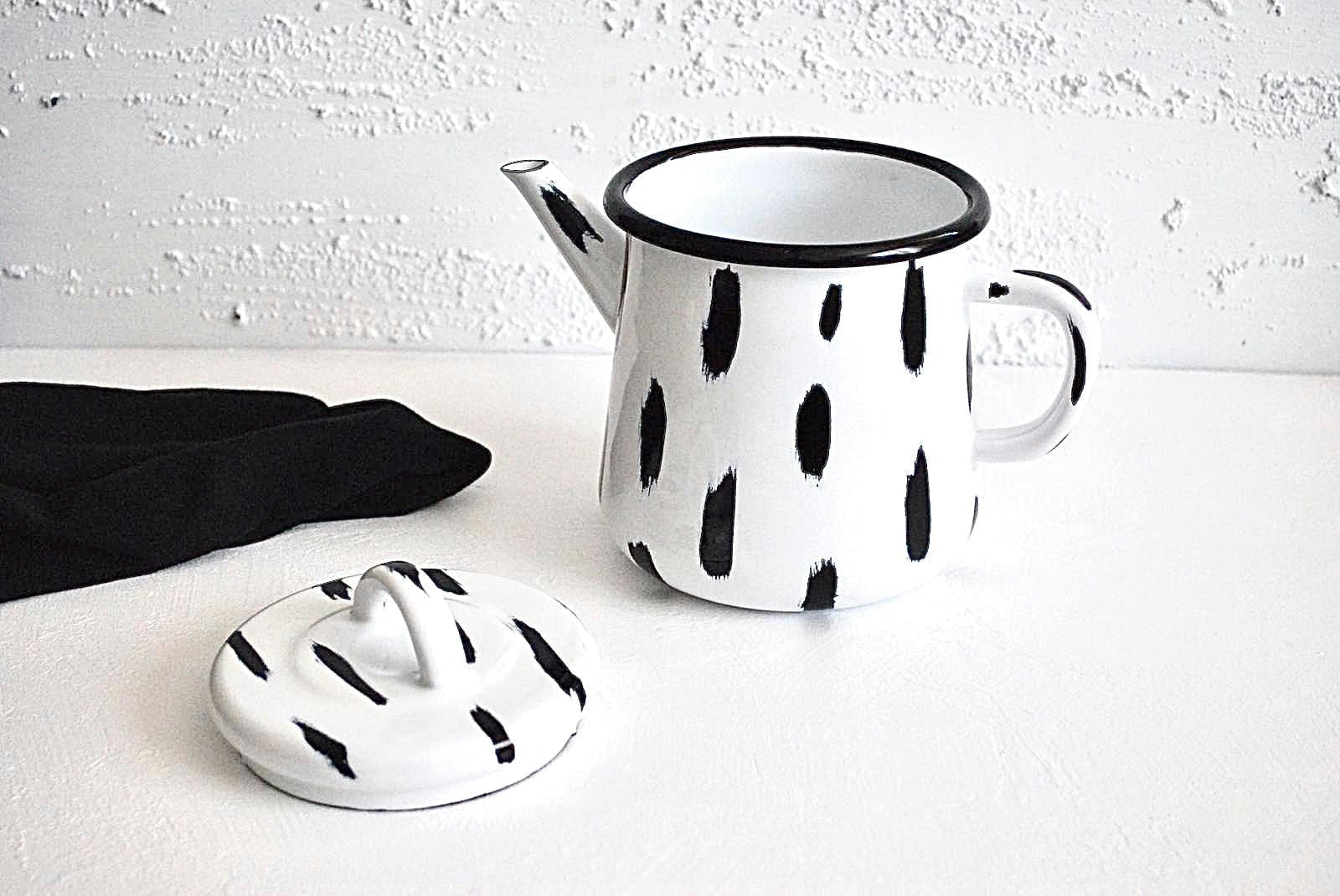 Rackhams White/Black Stripe Collection Enamel Teapot
