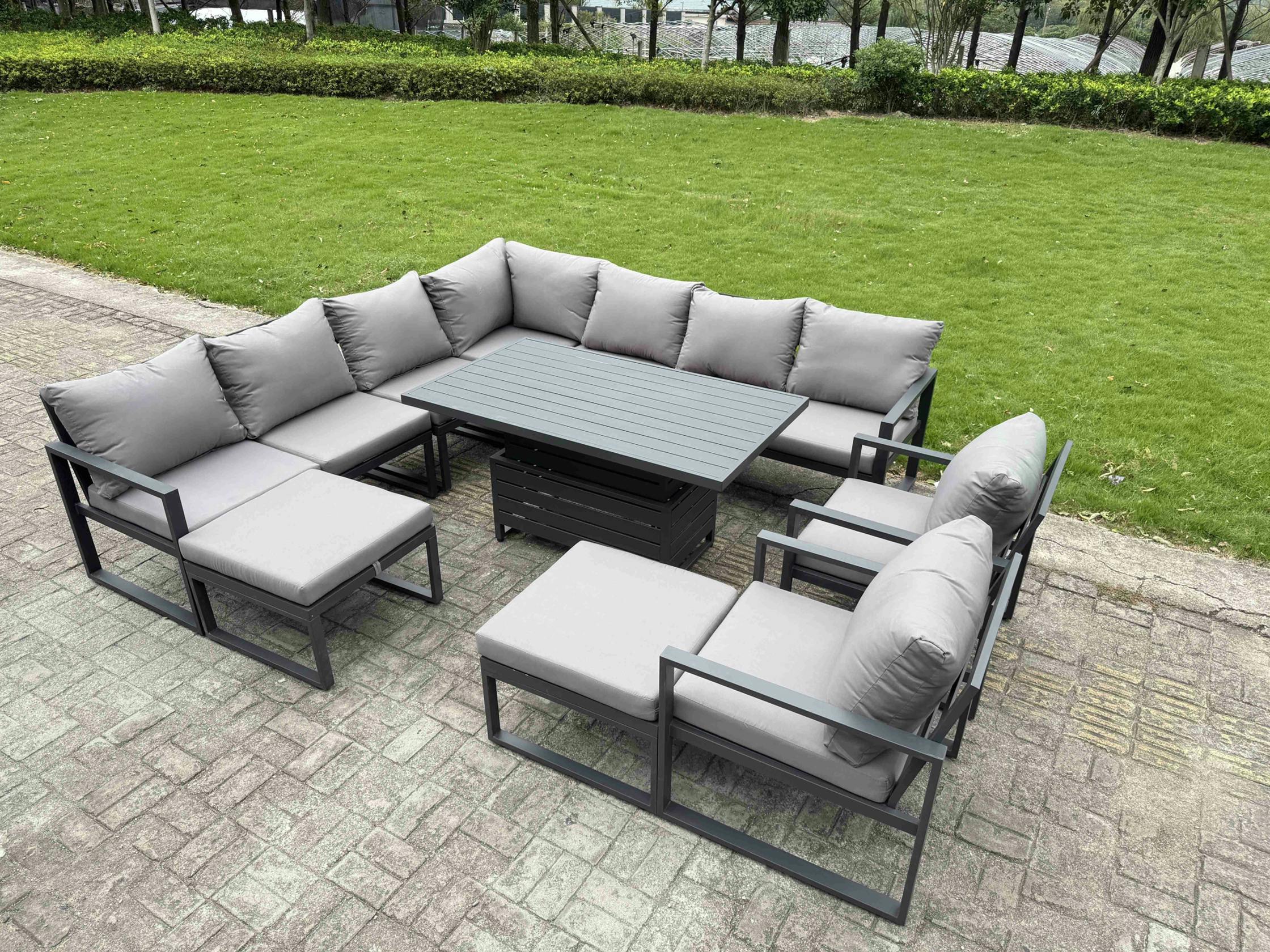 Rackhams Grey 11 Seater Aluminium Outdoor Garden Furniture Set With Rising Dining Table, 2 Footstools, 2 Chairs