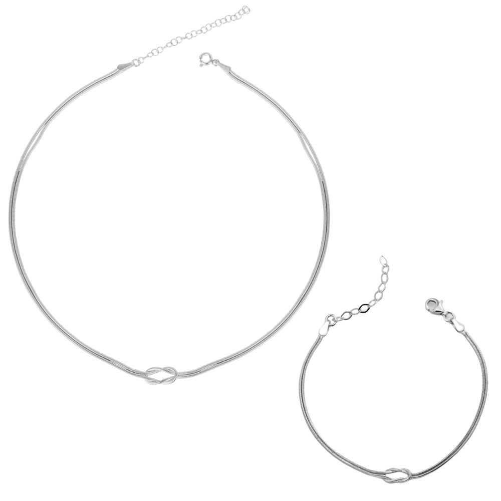 Spero London Silver Snake Chain Knot Bracelet & Choker Set In Sterling