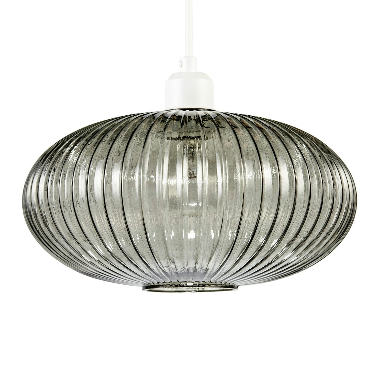 Happy Homewares Grey Modern Designer Smoked Line Ribbed Glass Oval Pendant Lamp Shade