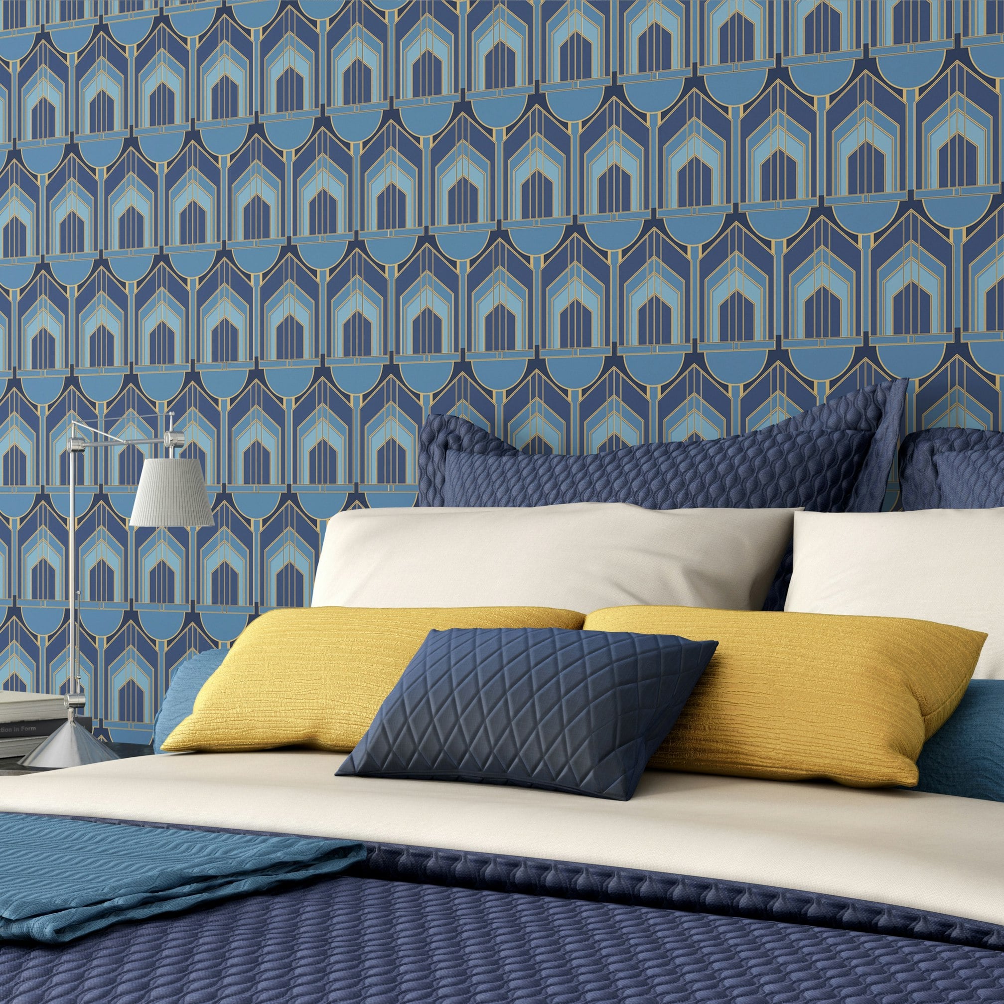 Rackhams Blue Deco Arch - Navy 10M Wallpaper - Navy