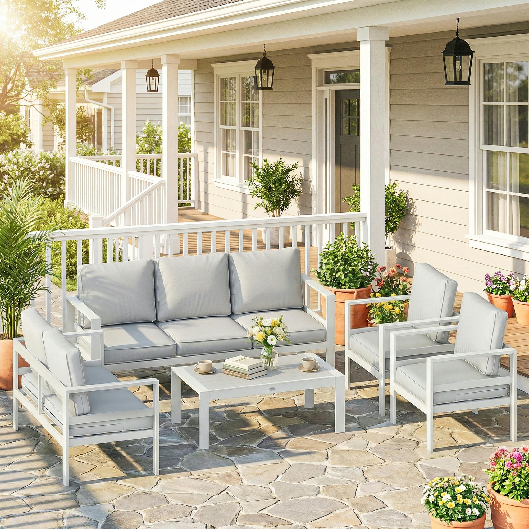 Outsunny White/Grey Aluminium Garden Furniture Sofa Set With Olefin Cushions