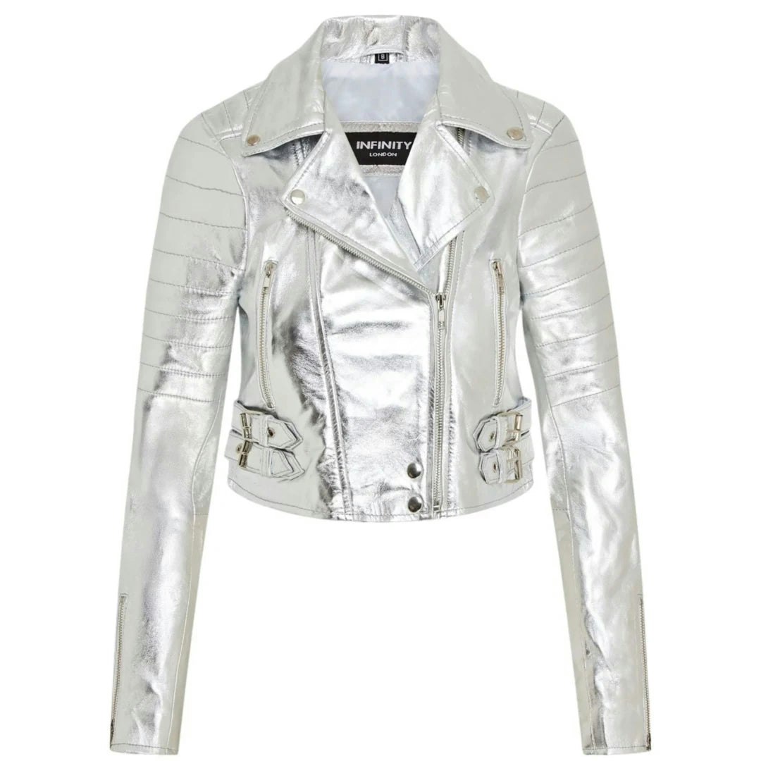 Infinity Leather Women's Silver Real Leather Short Cropped Length Biker Jacket - Uk 20