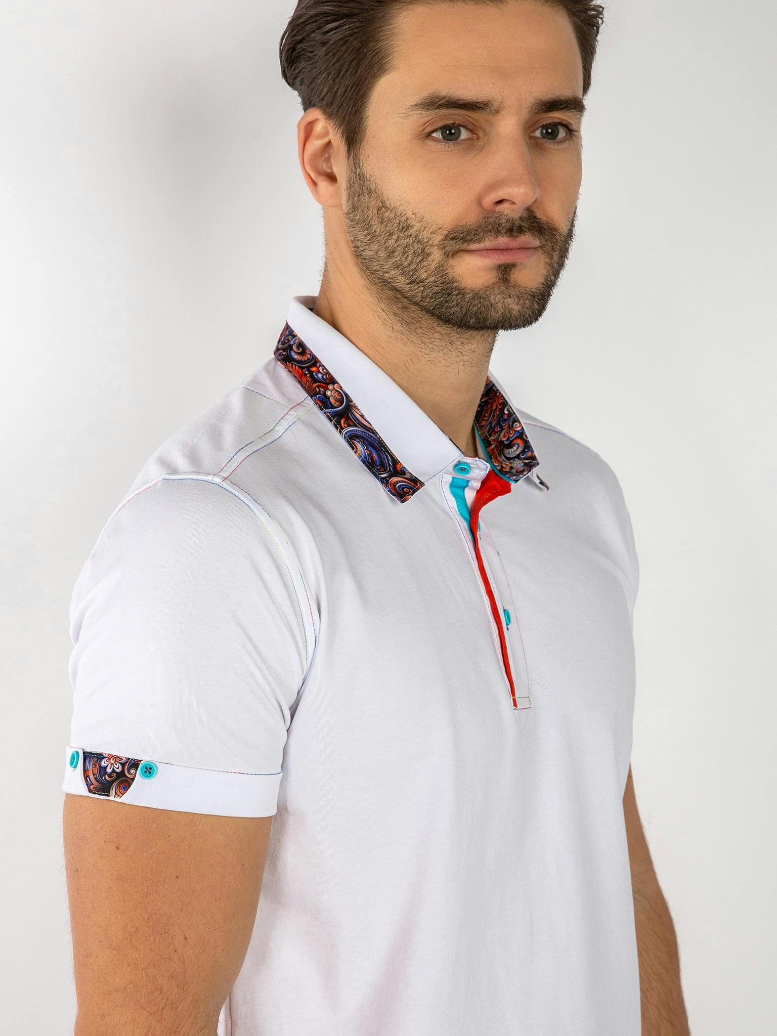 Claudio Lugli Men's White Signature Polo Shirt With Ornatal Insert - Xl