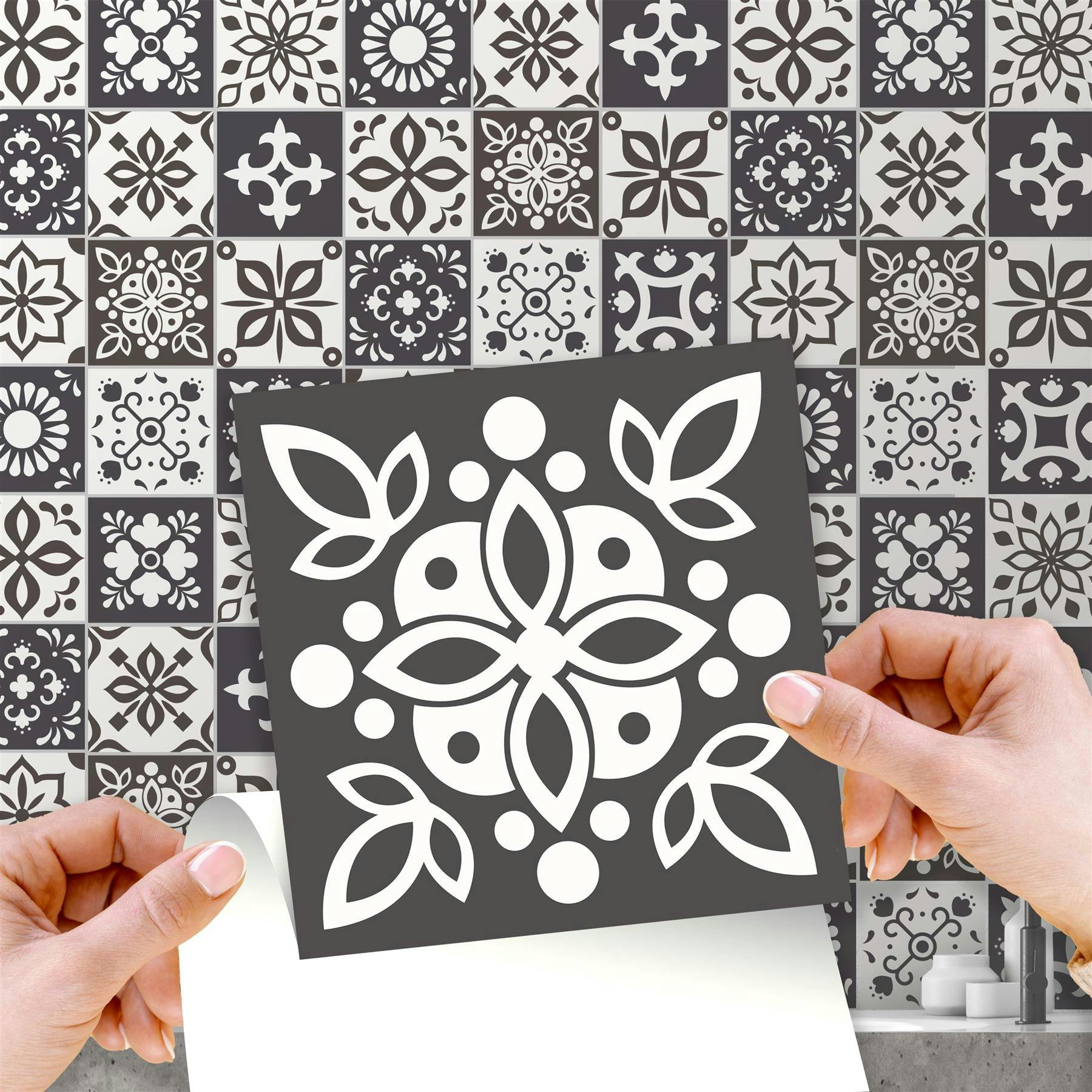 WALPLUS Marjorelle Black and White Moroccan Tile Stickers 15 x 15 cm, 24 PCS Peel and Stick Self Adhesive Wall Tiles, Waterproof Kitchen Bathroom Splashback Decals - Image 3