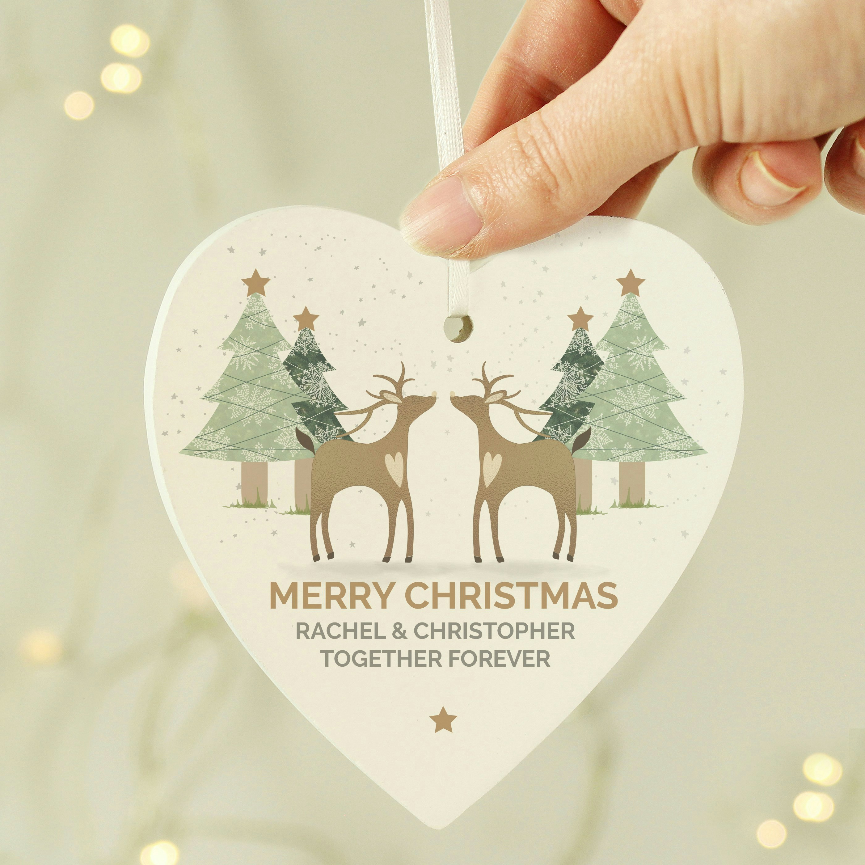 Personalised Memento Company Personalised Reindeer Couple Wooden Heart Decoration
