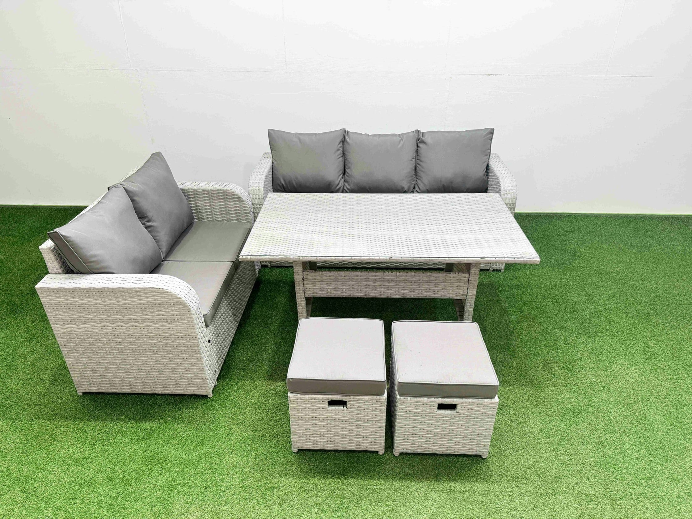 Fimous 7 Seater Pe Rattan Wicker Garden Furniture Patio Conservatory Sofa Set With Rectangular Dining Table 3 Seater Sofa Love Sofa 2 Stools