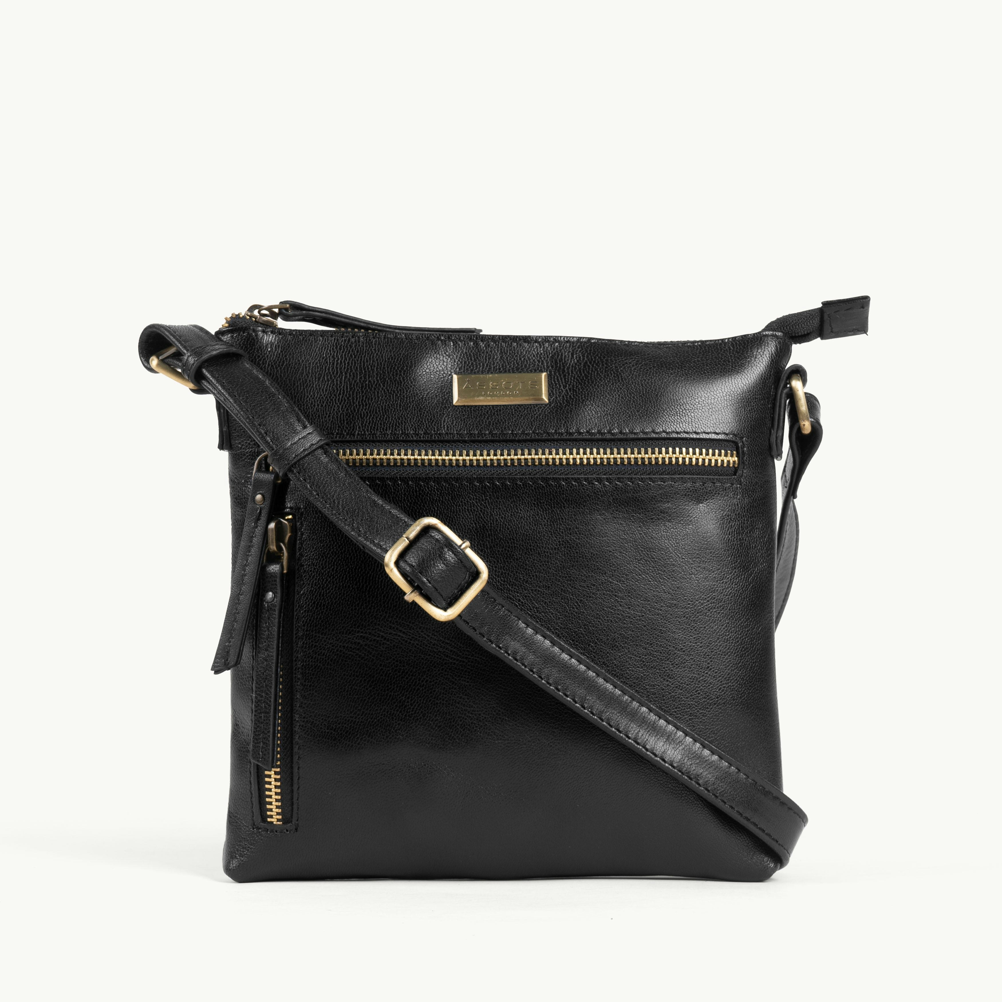 Assots London Black 'Rue' Polished Vt Real Leather Crossbody Bag