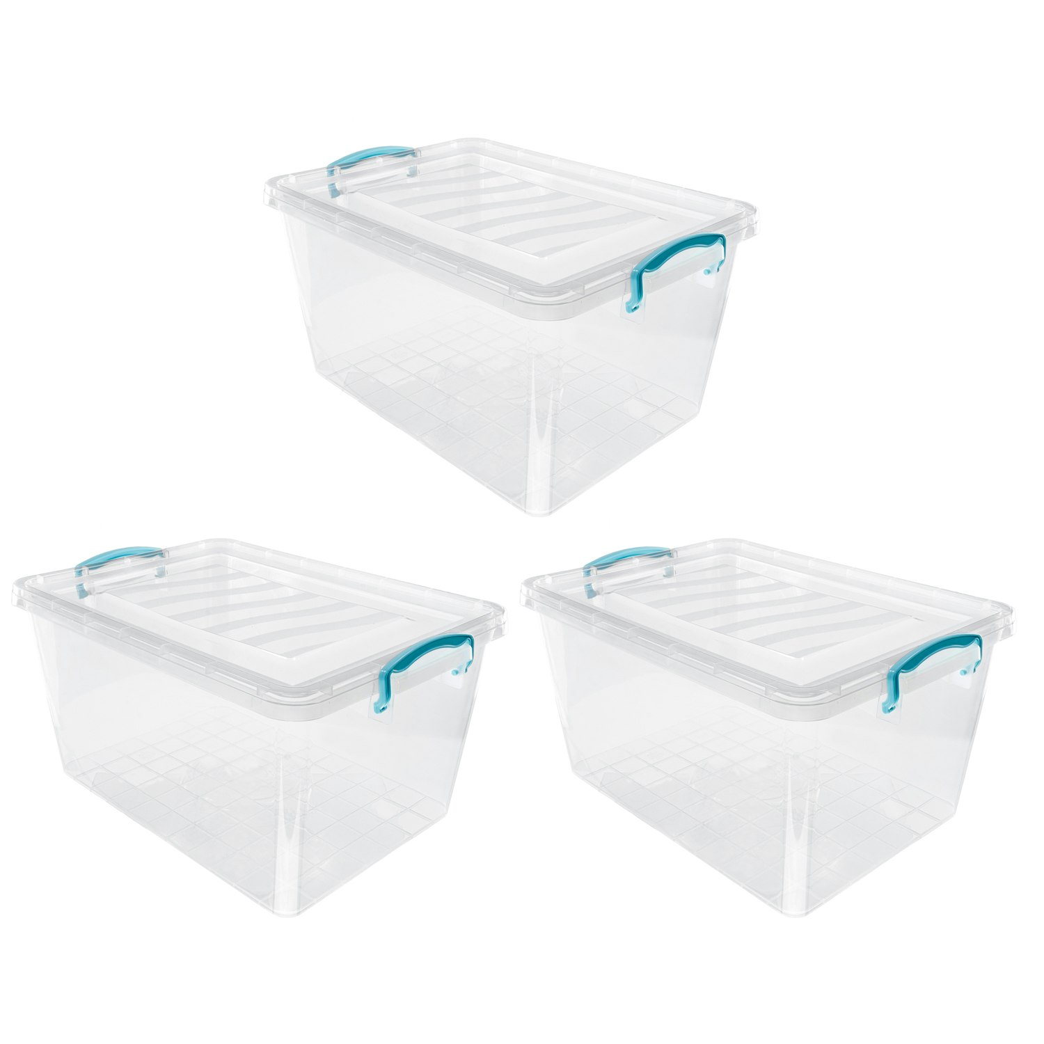 Rackhams Plastic Clip Lidded Storage Box, Stackable & Nestable, Clear, Set Of 3, 30L - 1